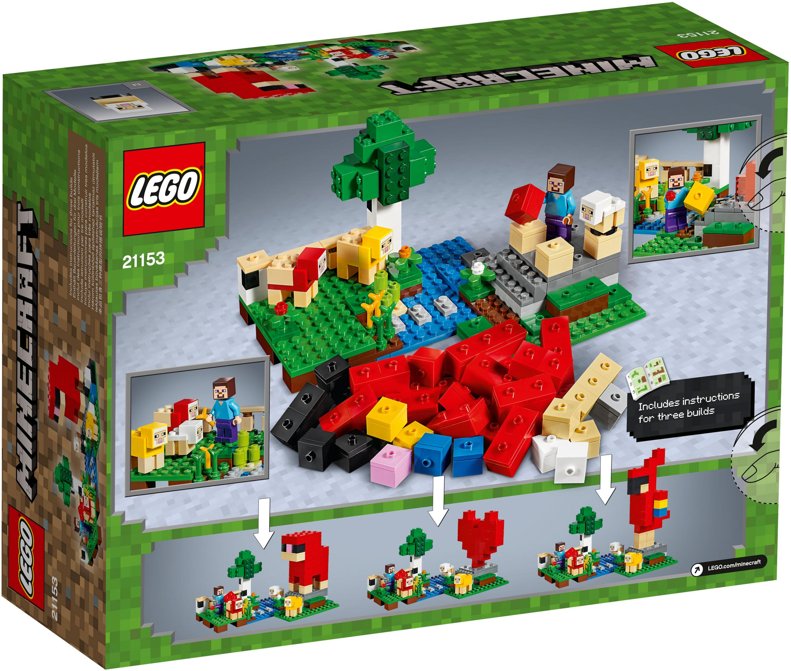 Retro della scatola Lego Minecraft, che mostra una scena con un villaggio, figure e blocchi. Sfondo verde.