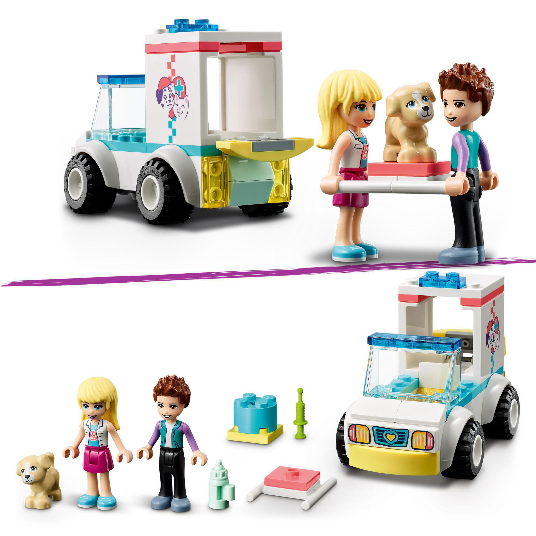 LEGO Friends Set mit Krankenwagen, Figuren und Hund. Enthält verschiedene Bauteile.