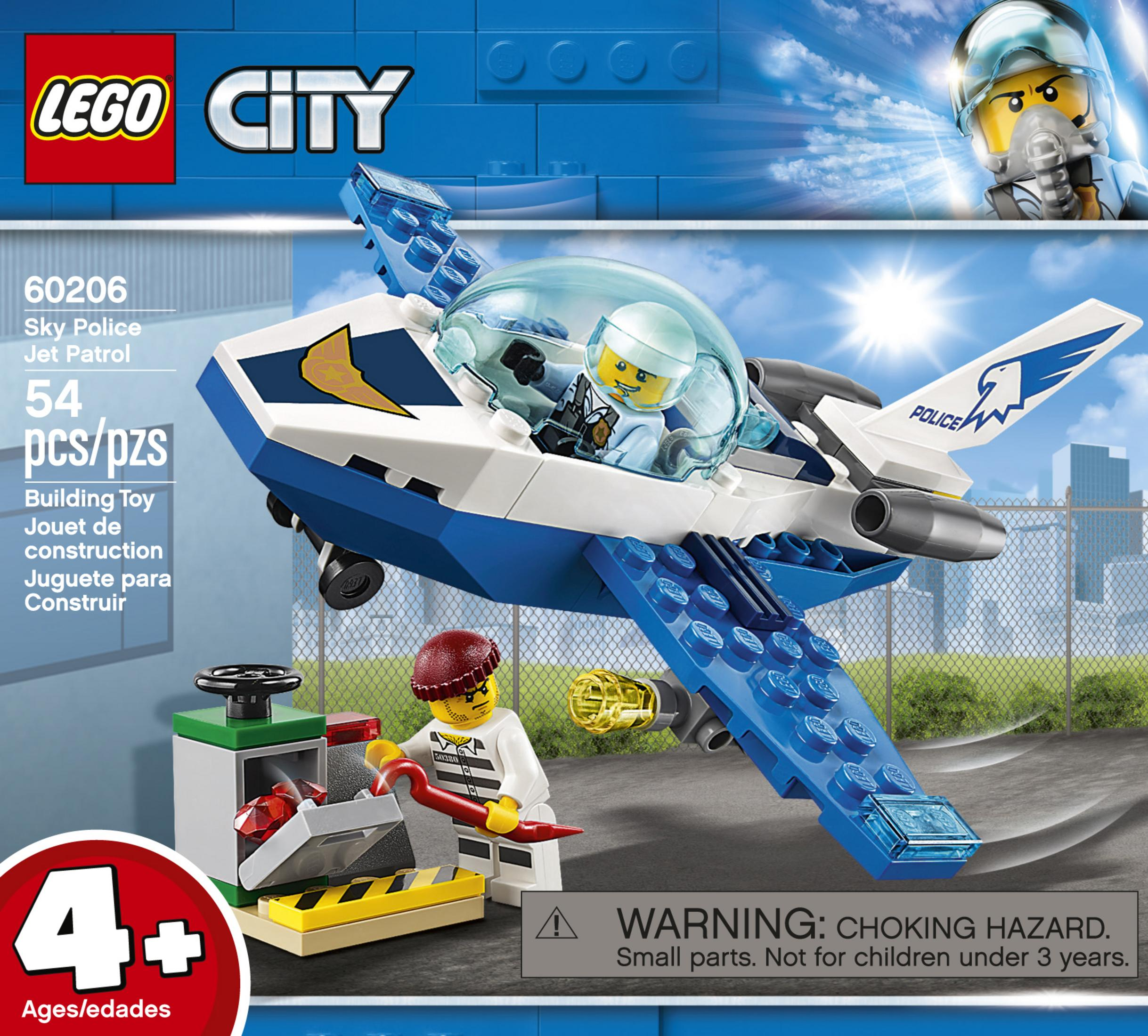A Lego City box set showing a police jet, a criminal, and other elements.