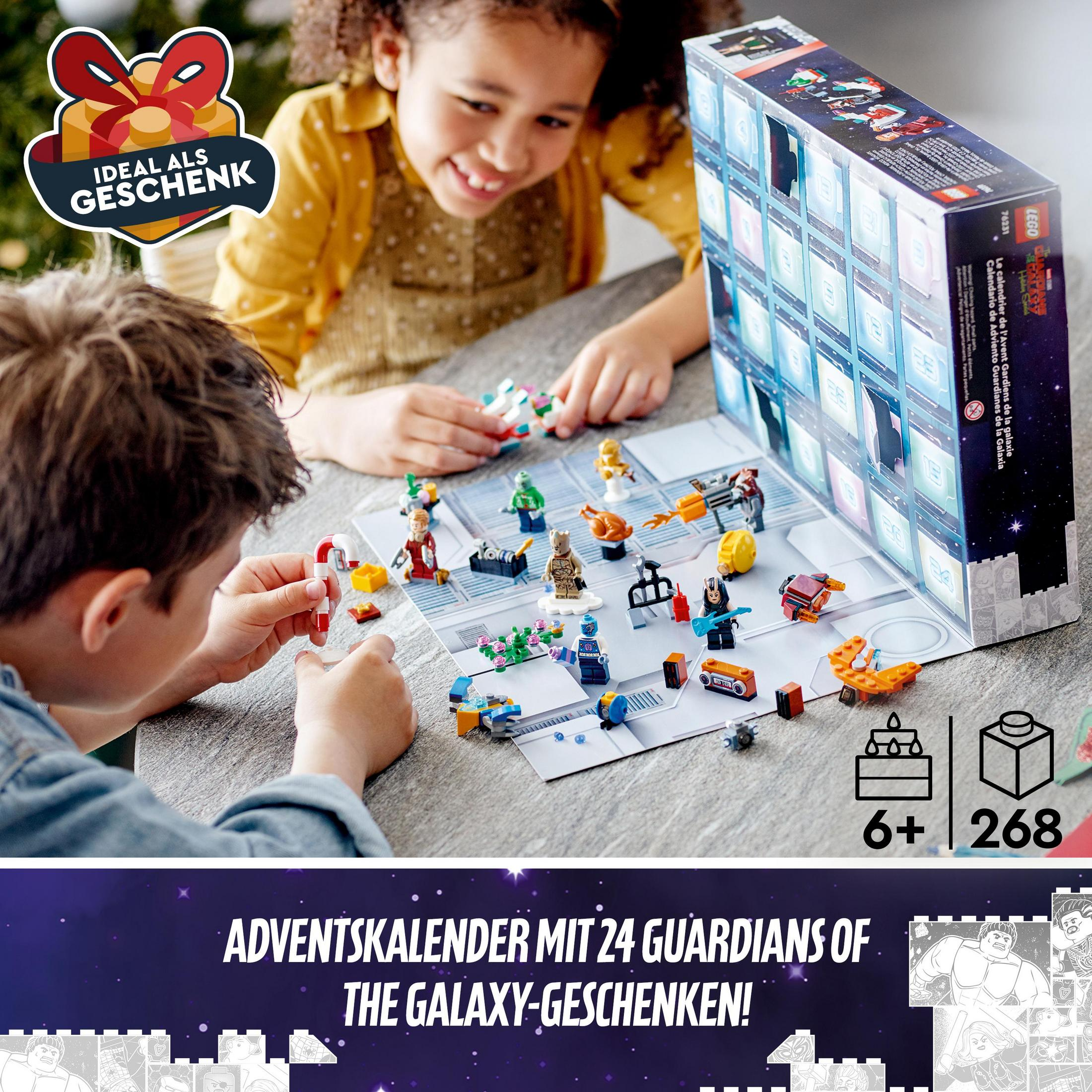 Kinder spielen mit einem LEGO Adventskalender mit Guardians of the Galaxy.