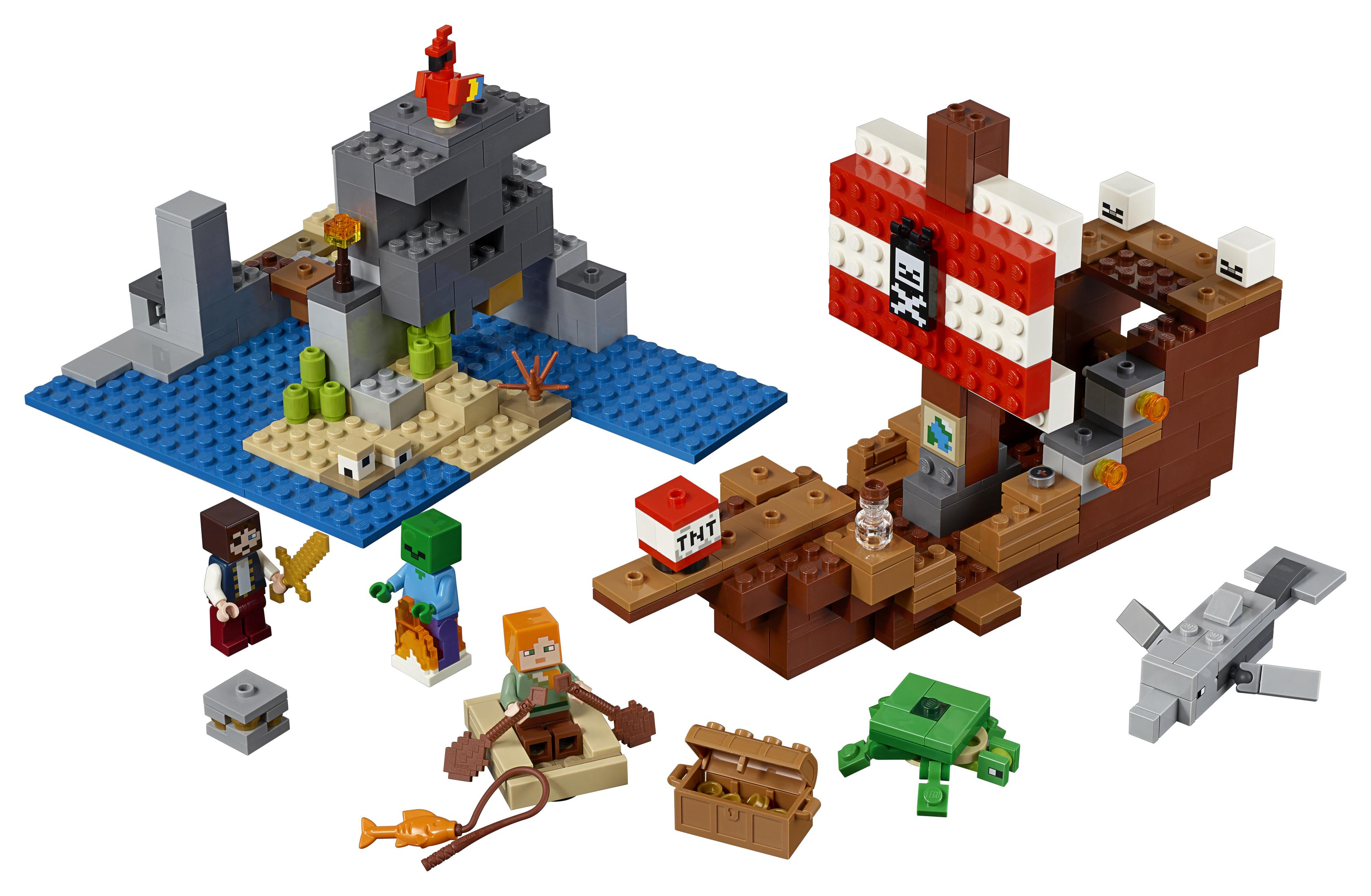 Lego Minecraft set with a pirate ship, island, figures, and various building blocks.