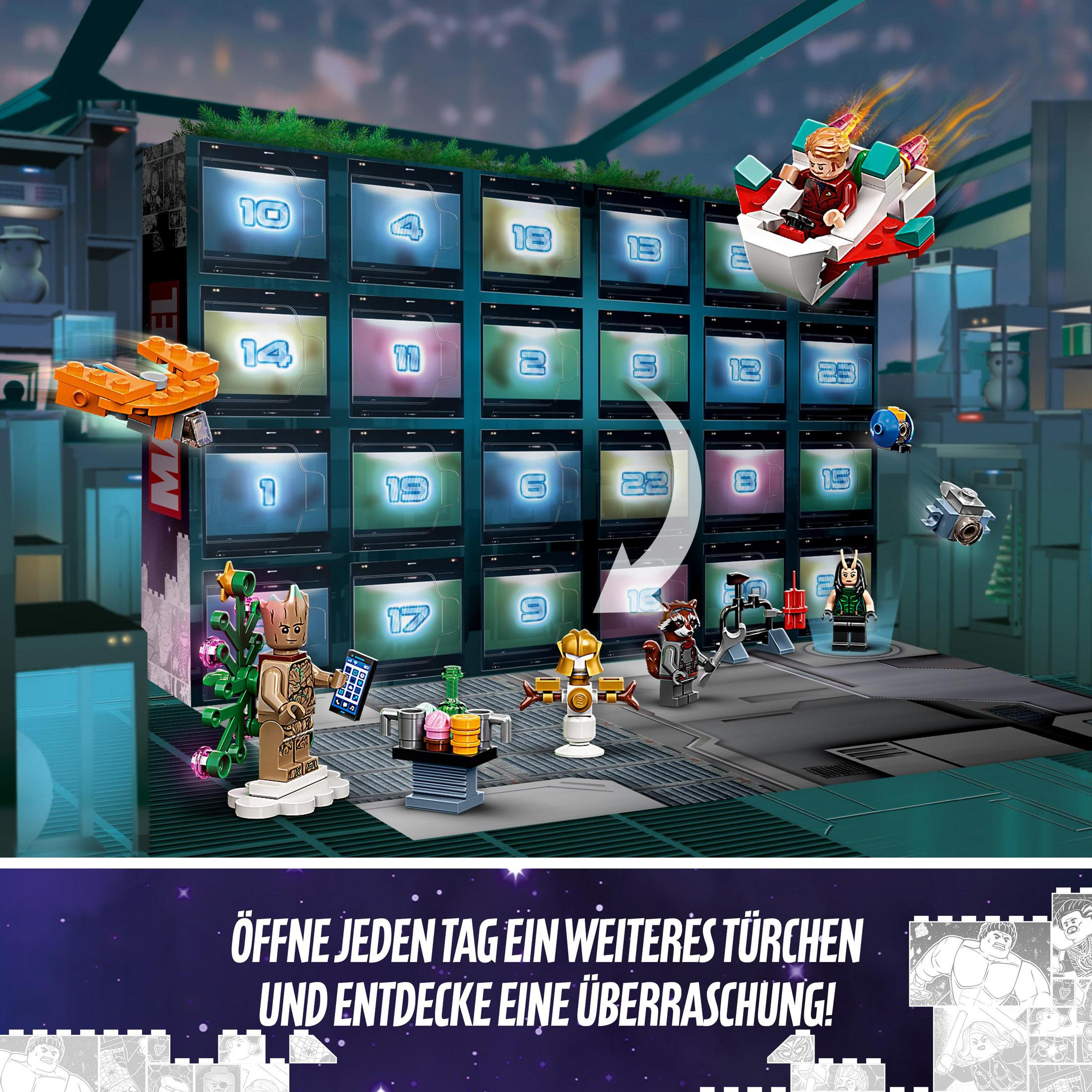 Lego-Set. Minifiguren und ein Raumschiff. Text auf Deutsch: Öffne jeden Tag ein Türchen.