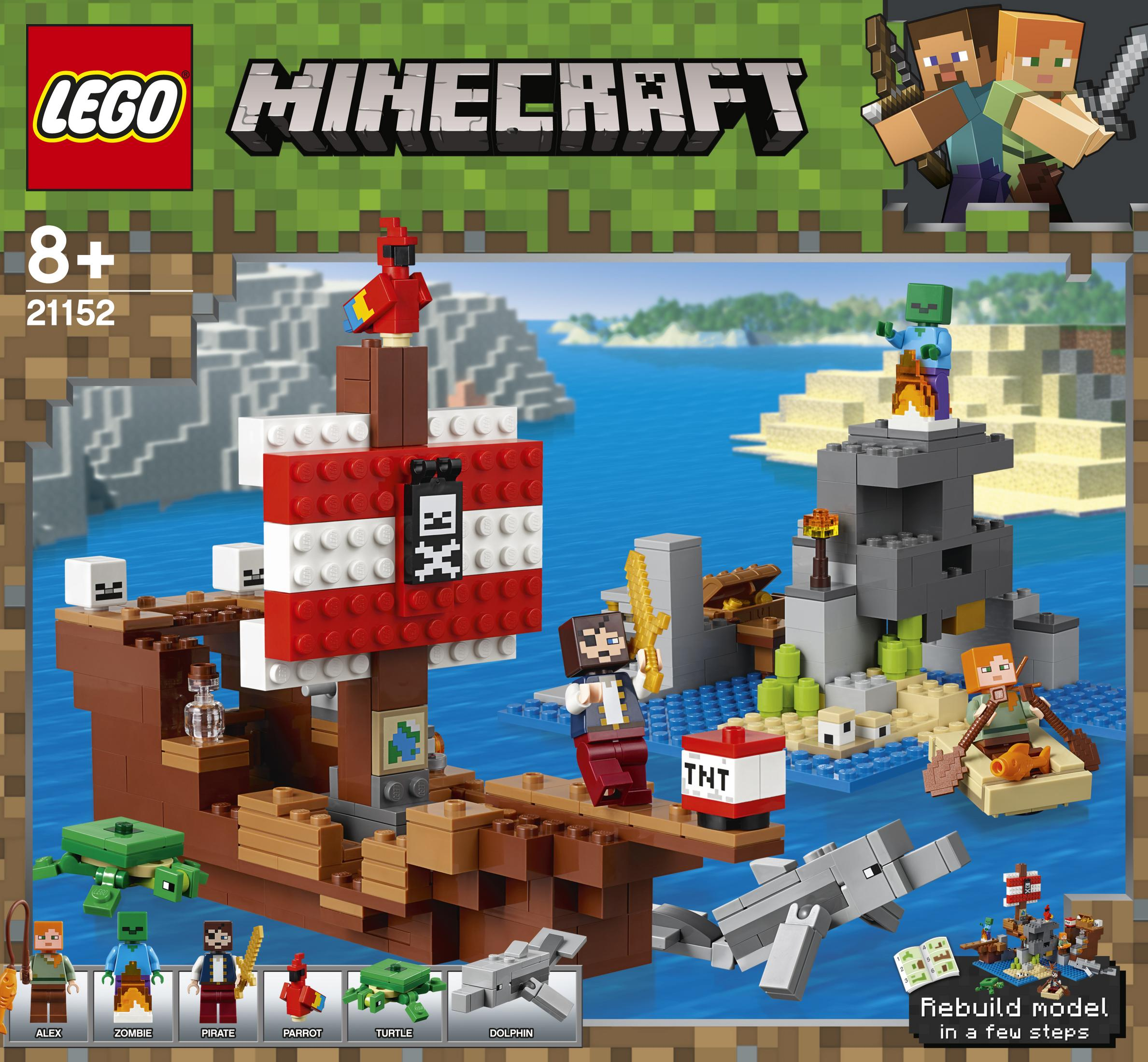 Lego Minecraft set with a pirate ship, figures, and a shark in a sea scene.
