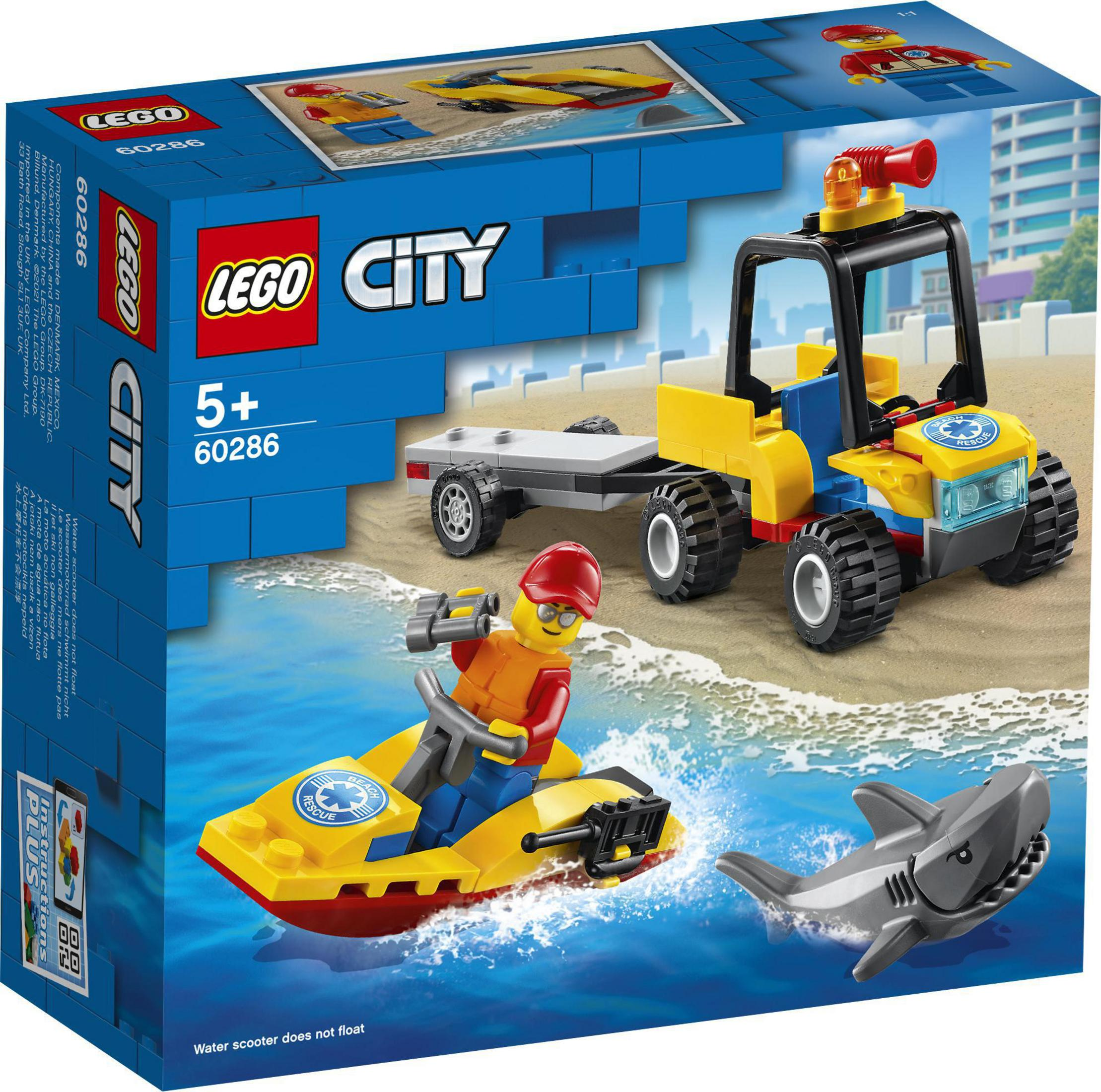 Set Lego City: una moto d'acqua gialla, un rimorchio e un veicolo da spiaggia blu.