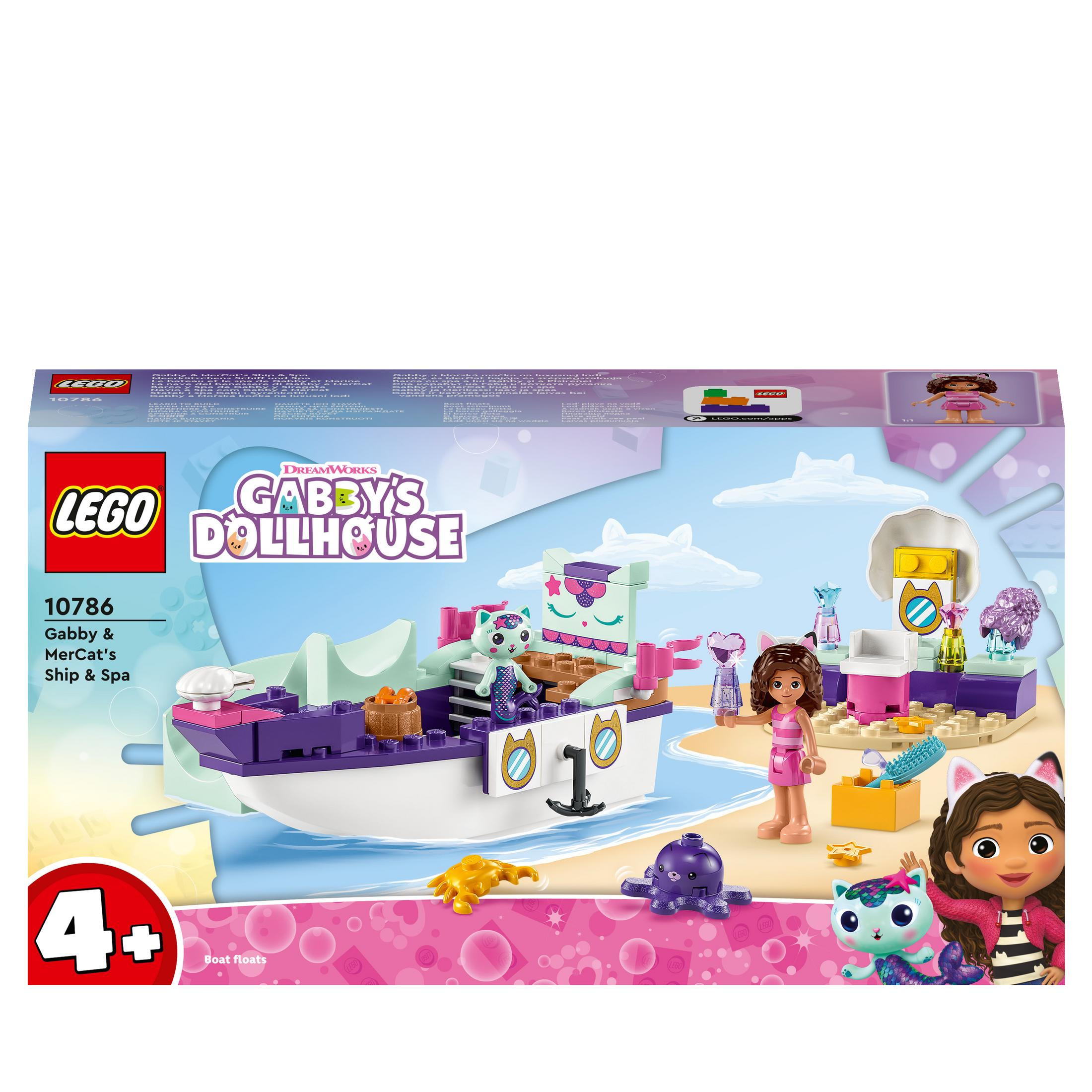 Lego-Box von Gabbys Puppenhaus. Es hat ein Boot, Figuren und anderes Zubehör.