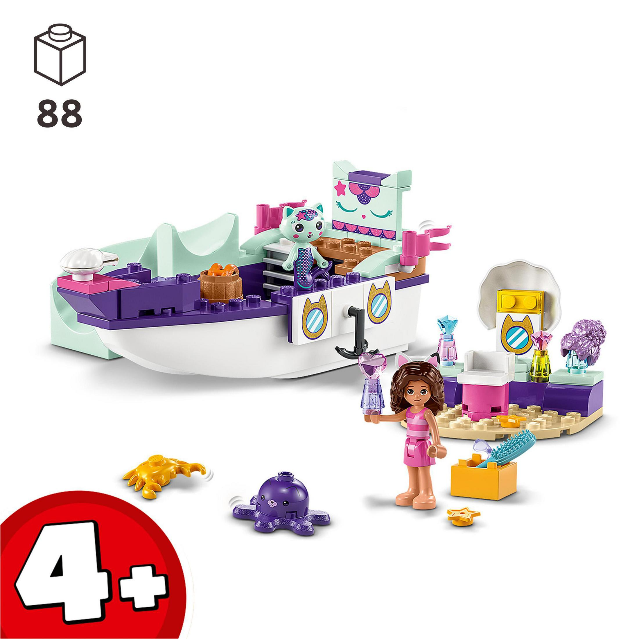 Lego-Set mit Boot, Figuren und Zubehör, weißer Hintergrund. Mit 4+ markiert.