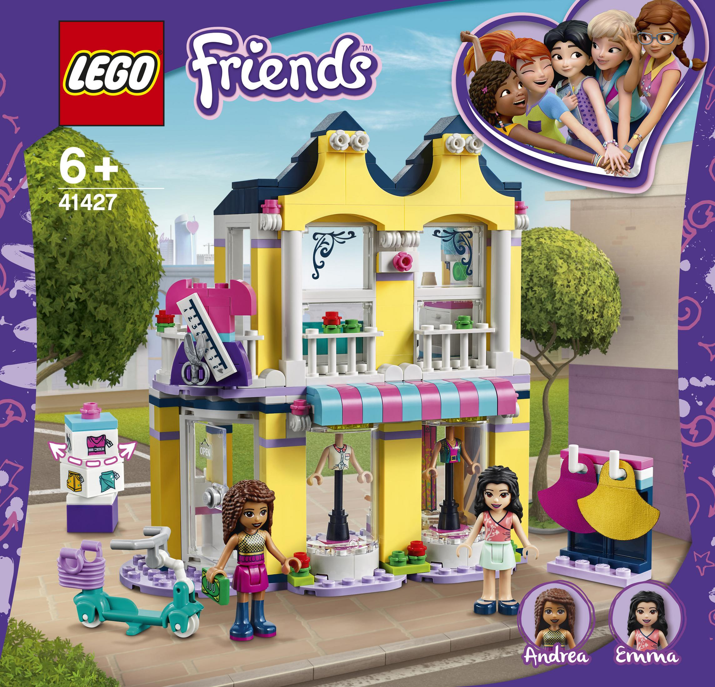 Lego Friends Set: Laden mit Mädchenfiguren, Roller und Schaufenster.