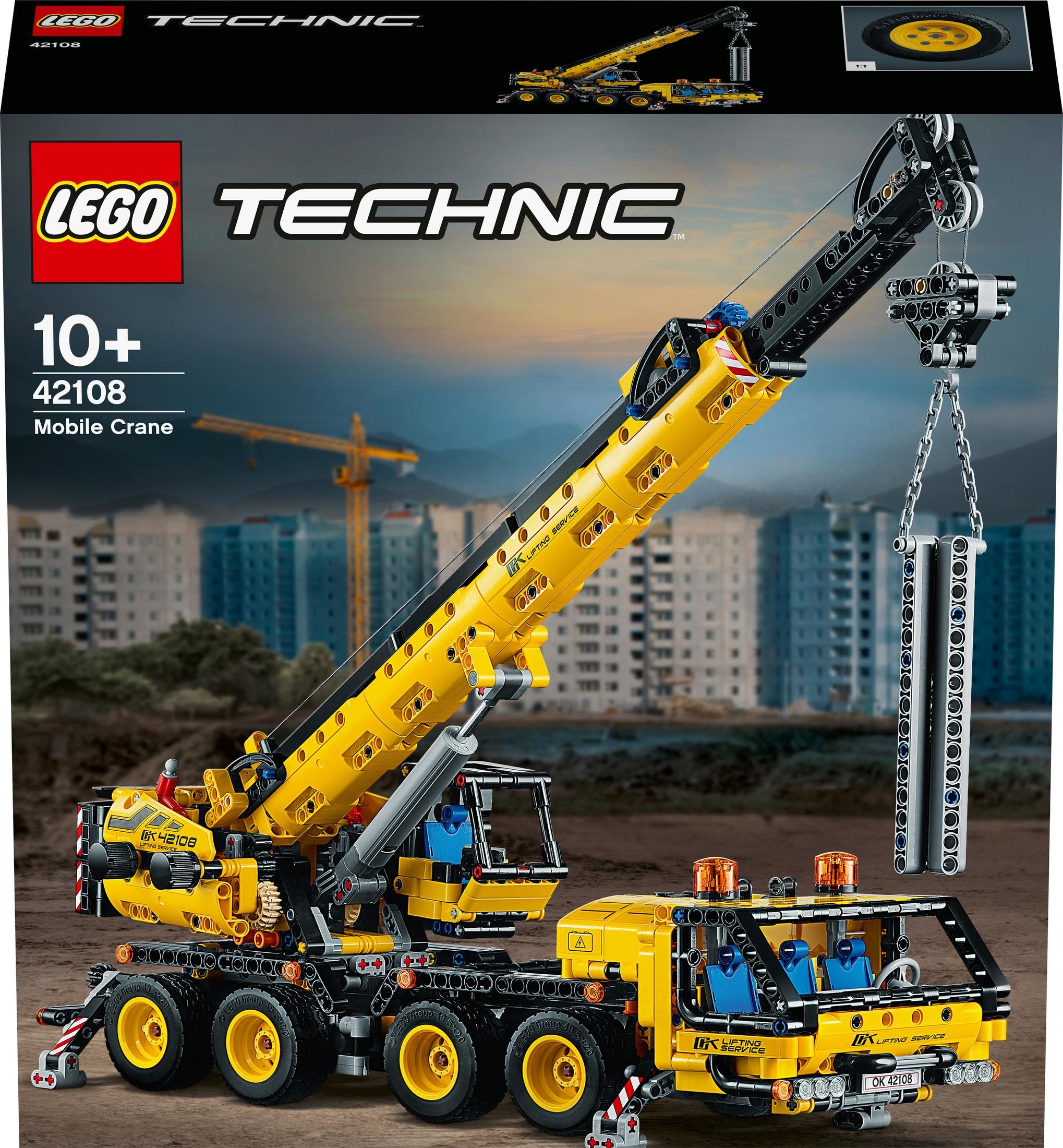Lego Technic Mobile Crane box, featuring a yellow crane model in a construction site setting.