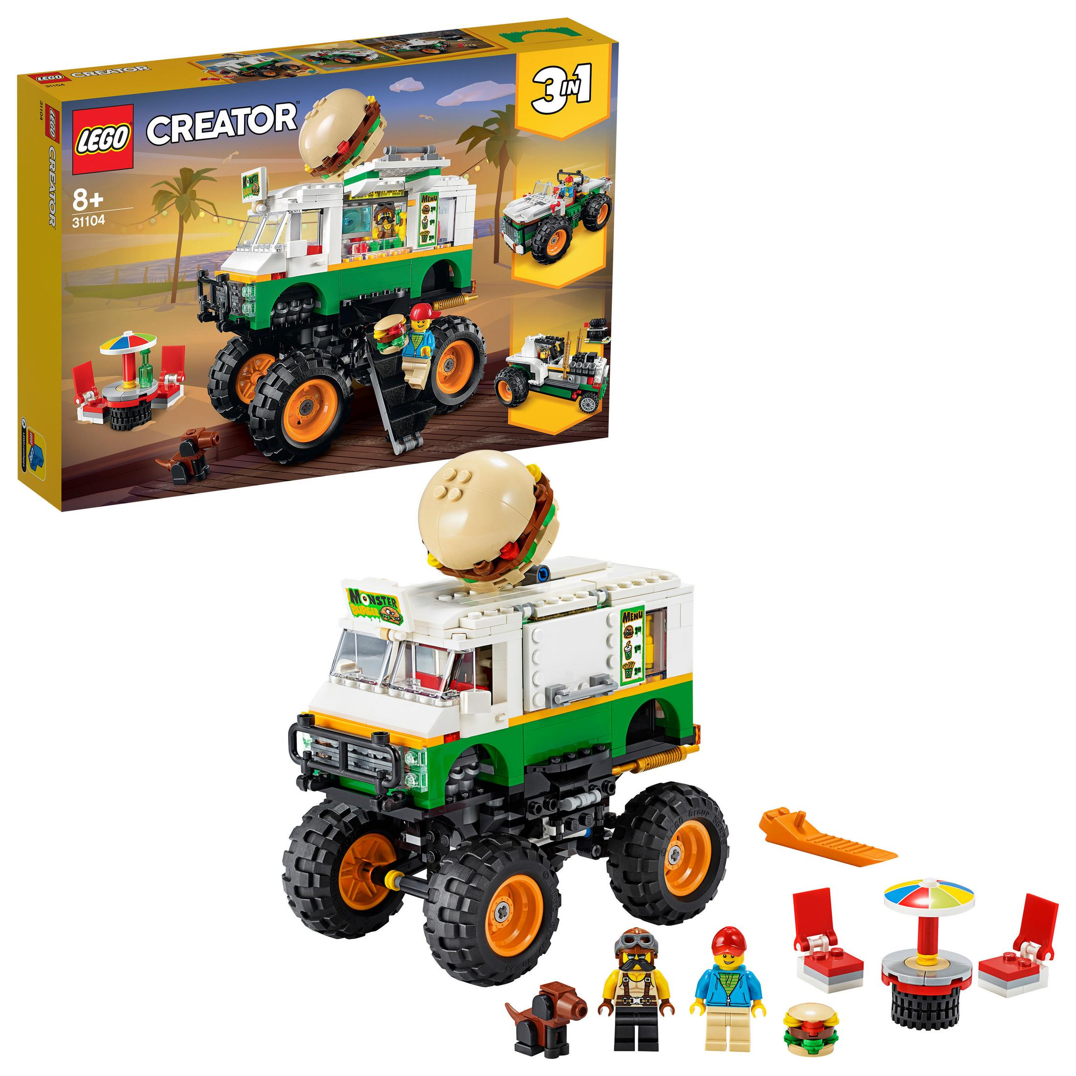 Ein Lego Creator Monster Truck Spielzeugset mit einem grün-weißen Truck und Minifiguren.