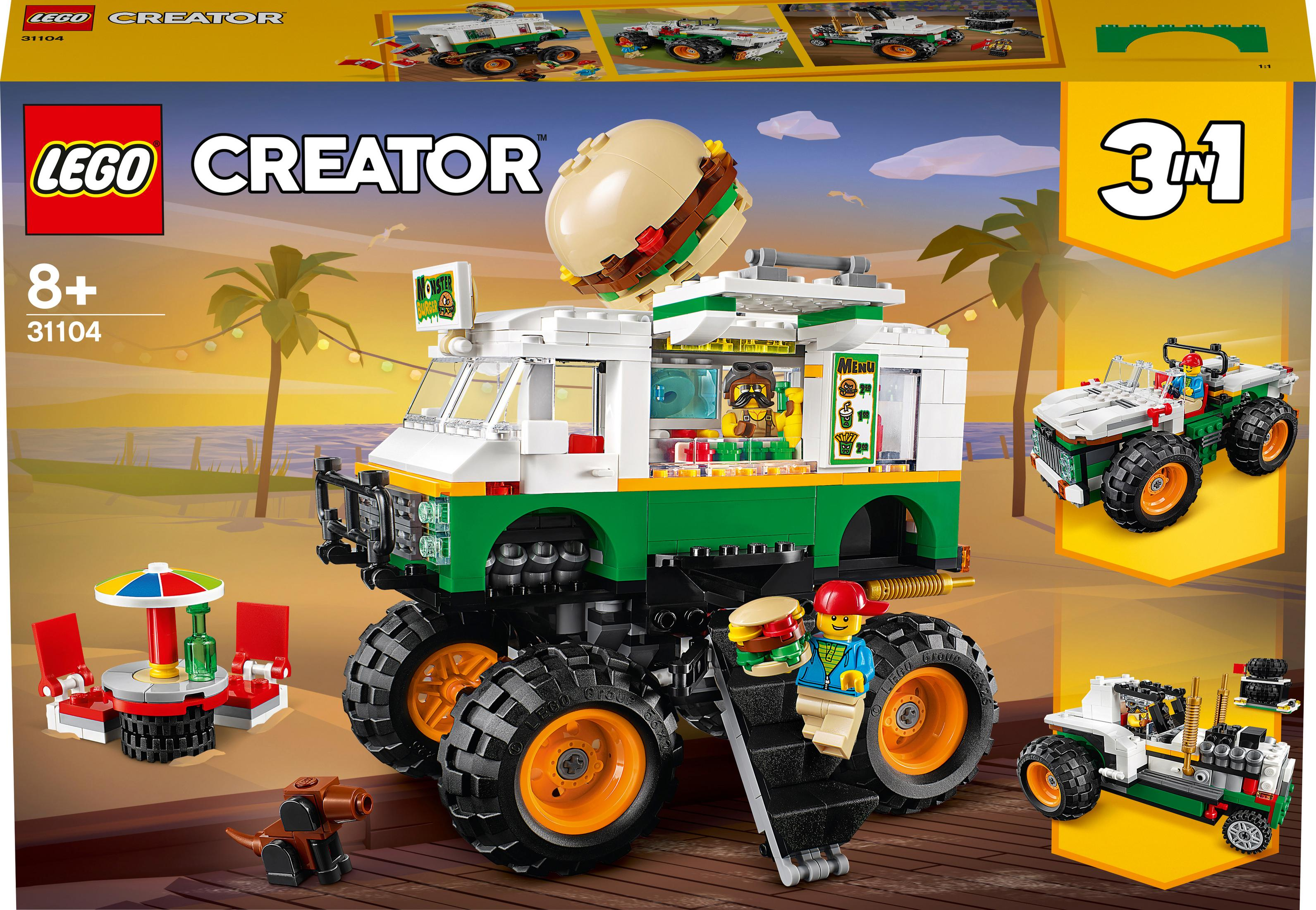 Lego Creator Set eines Foodtrucks mit Burger oben, und anderen Fahrzeugen. Ein Mann hält Burger.