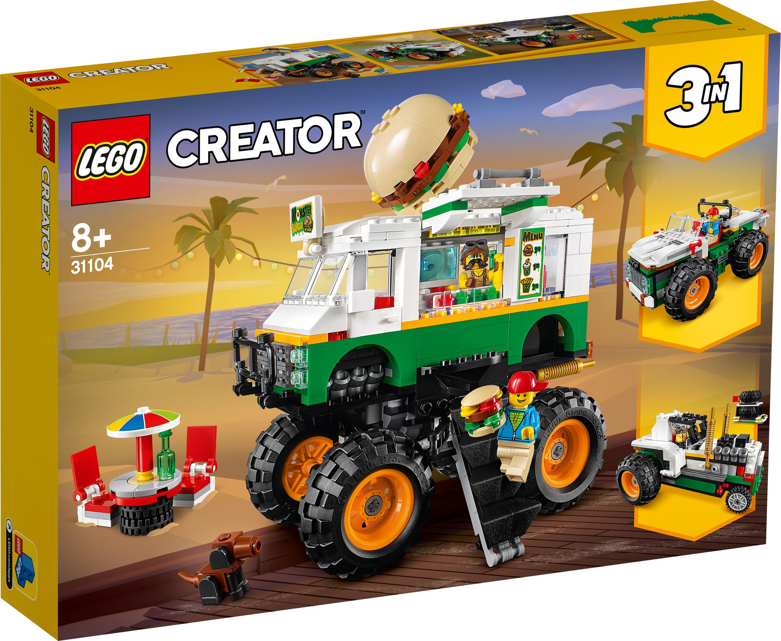 Lego Creator 3-in-1 Set mit einem Burger-Truck, einer Strandszene und einem kleinen Geländewagen.
