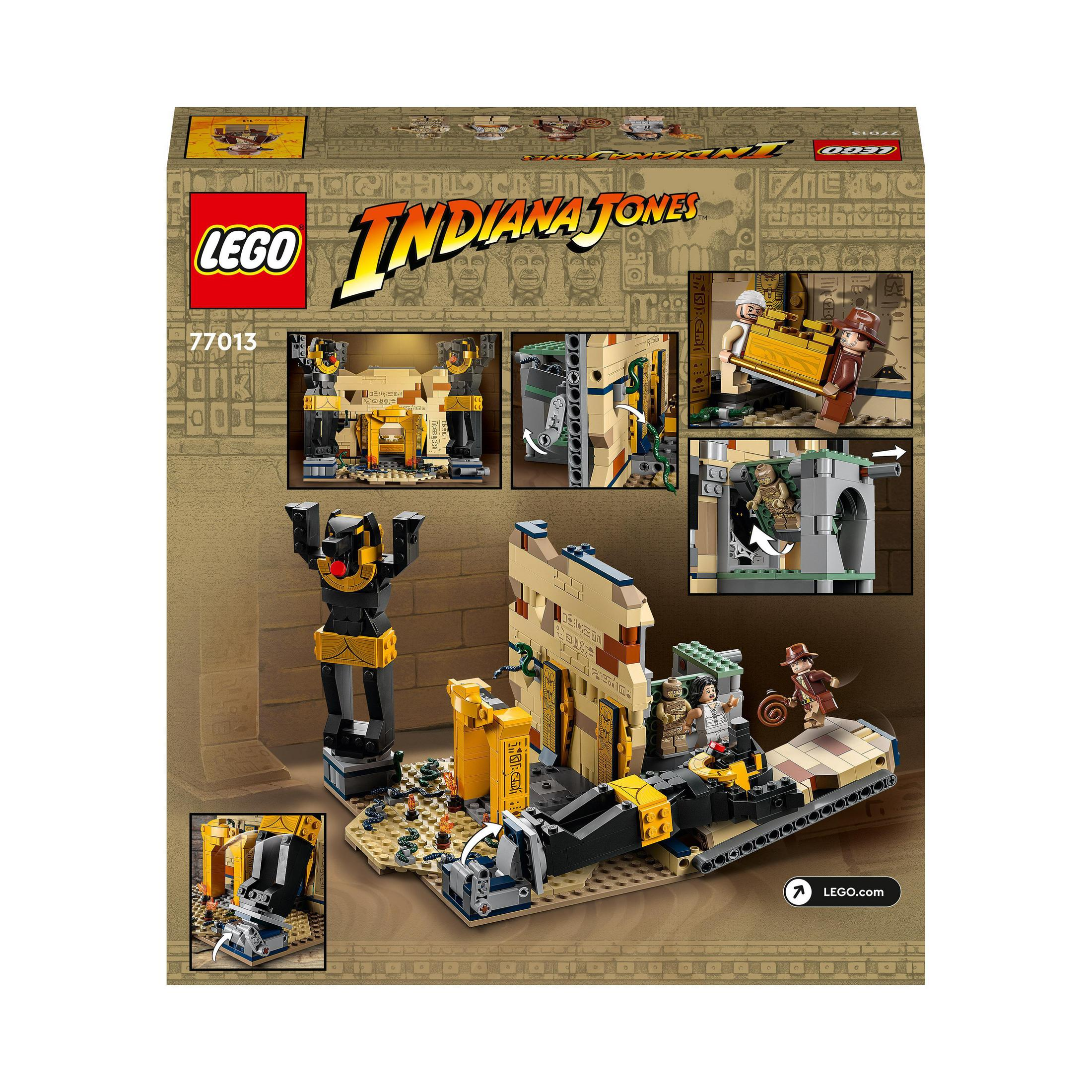 Retro di una scatola Lego Indiana Jones con una scena del deserto. Sfondo marrone.
