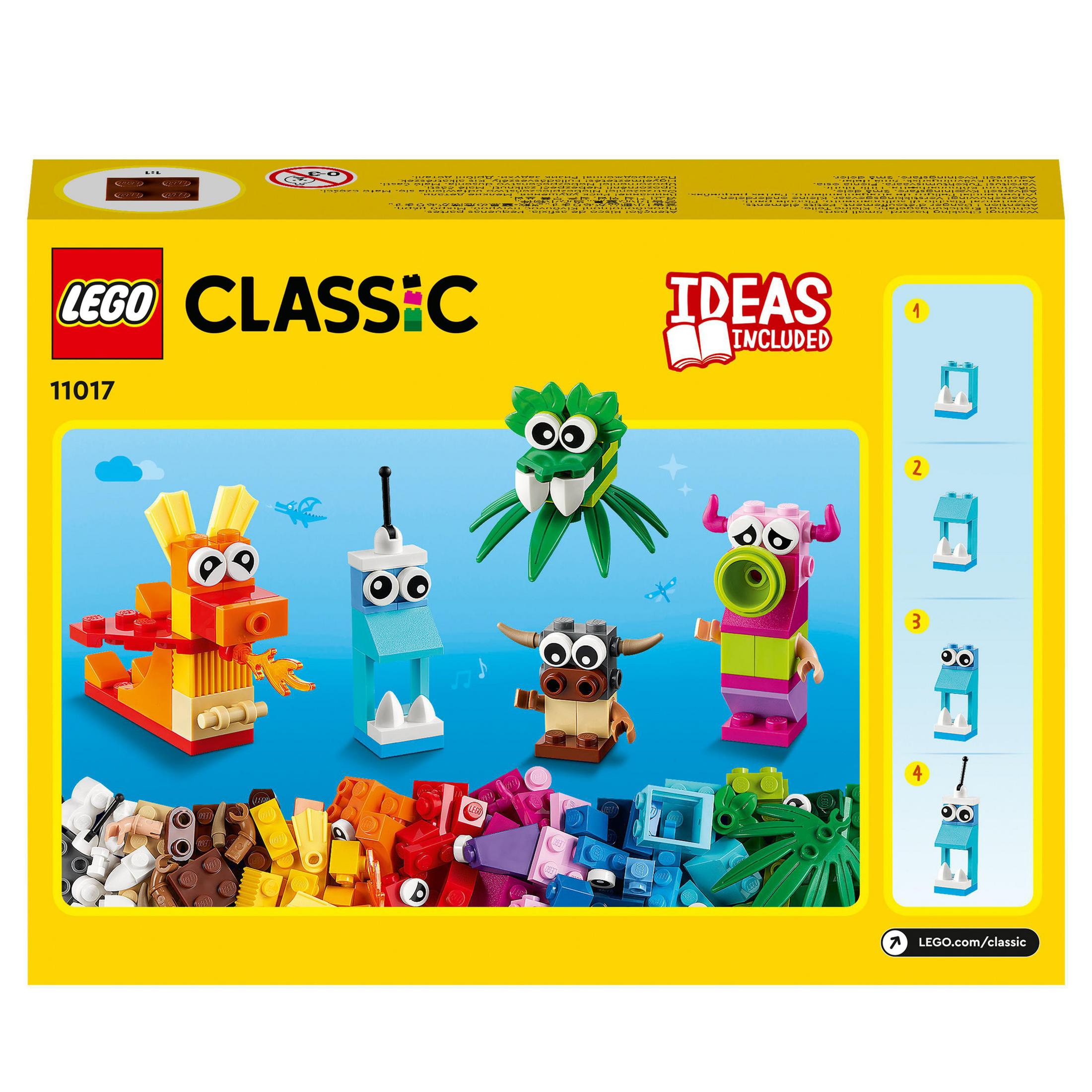 Renkli LEGO figürleri ve tuğlaları içeren LEGO Classic kutusu, talimatlarla.