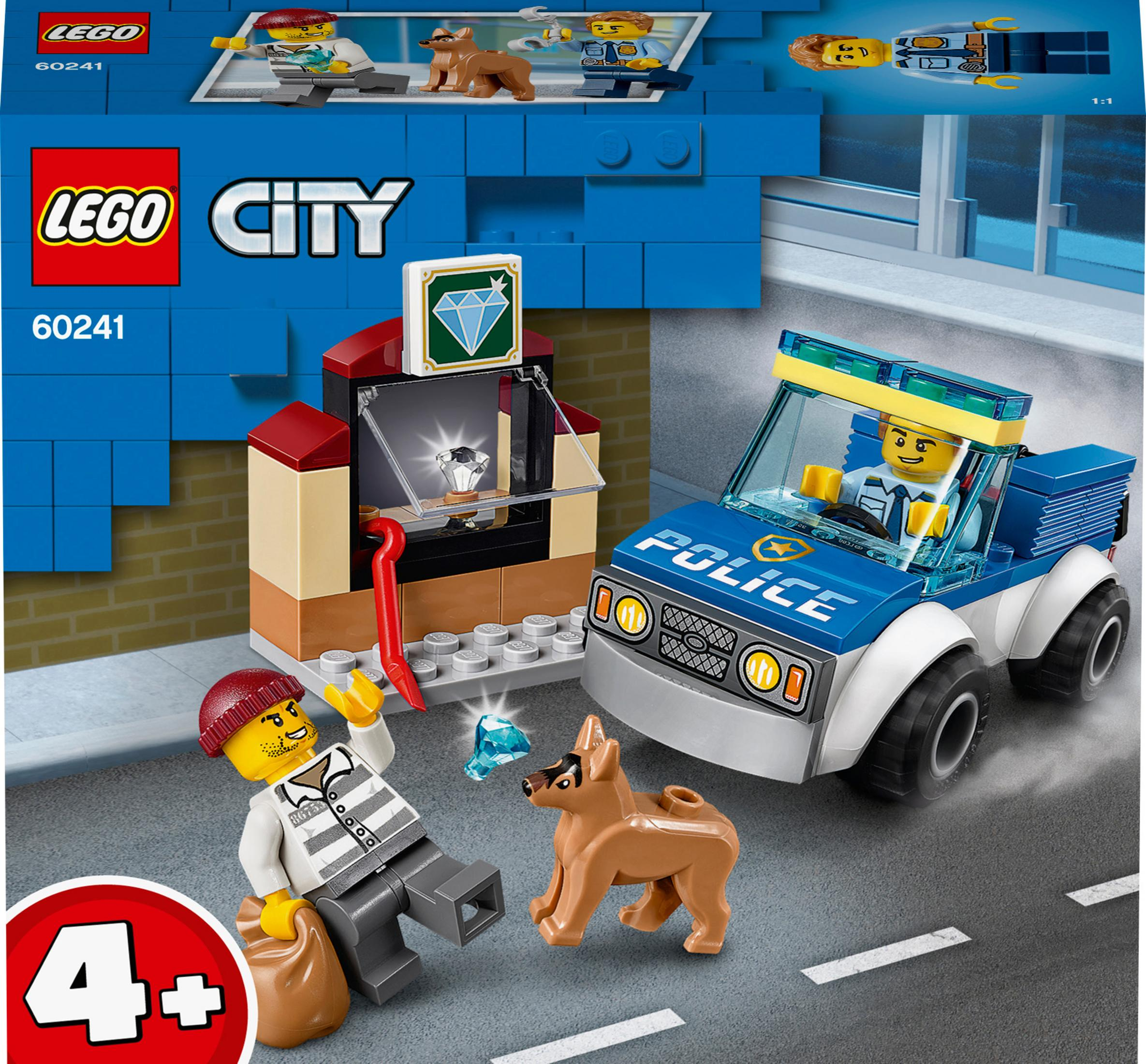 Ein Lego City-Set, das eine Raubszene mit einem Polizeilastwagen und Figuren zeigt.