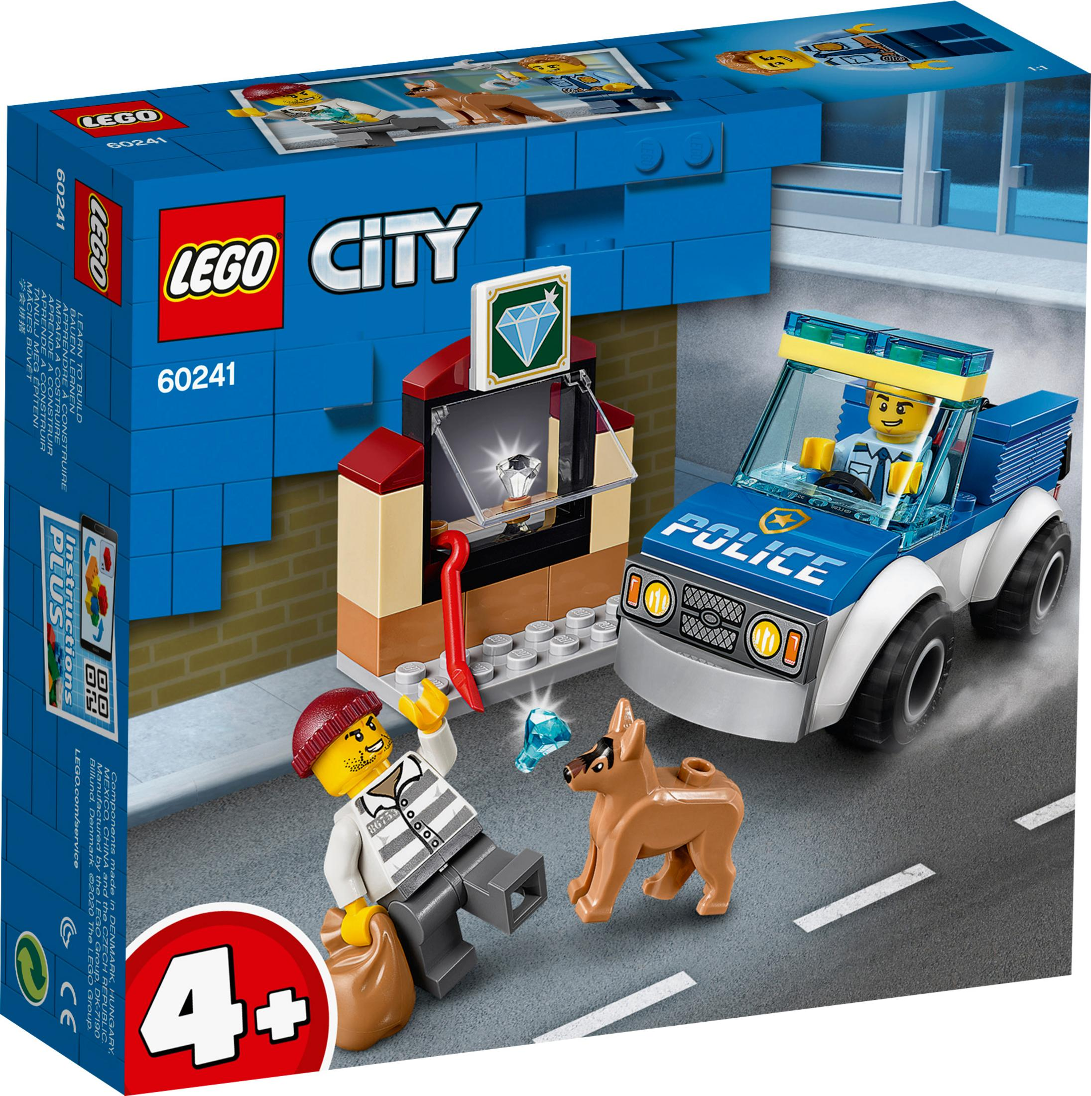 LEGO City Polizei-Set. Ein Verbrecher stiehlt einen Diamanten. Ein Polizeiauto und ein Hund sind vorhanden. Das Set ist auf einer Straße.
