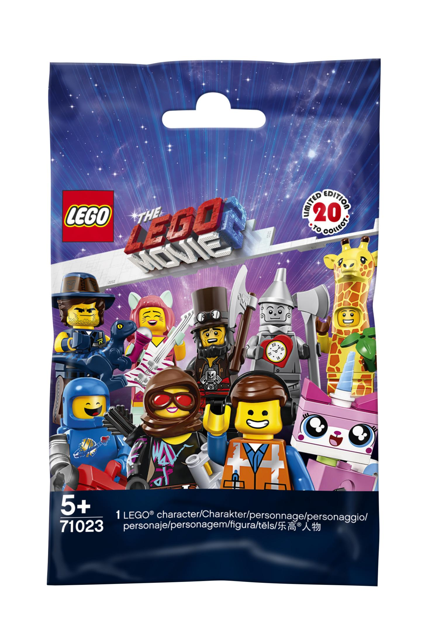 Lego Movie Minifiguren-Pack. Enthält Charaktere aus dem Film, mit buntem Hintergrund und Lego-Logo.