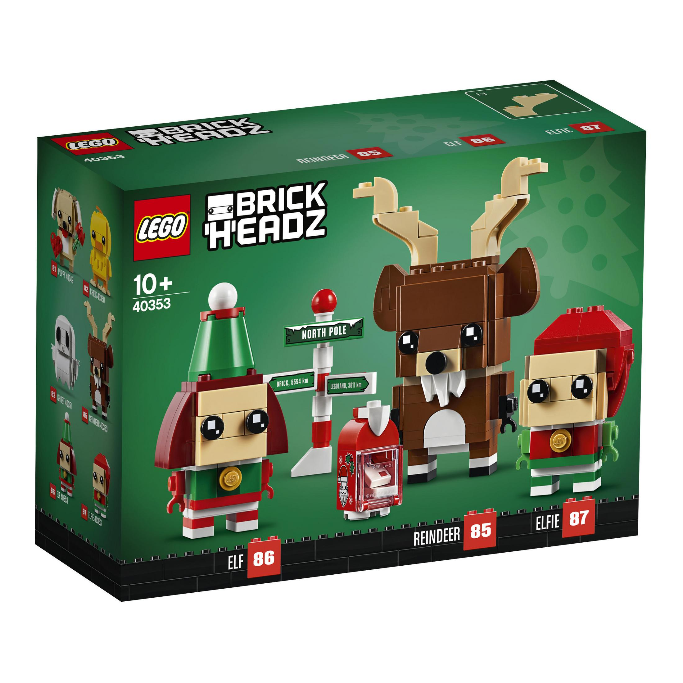 Lego BrickHeadz Box mit Elfen- und Rentierfiguren. Grün, rot und braun mit einem Nordpol-Schild.