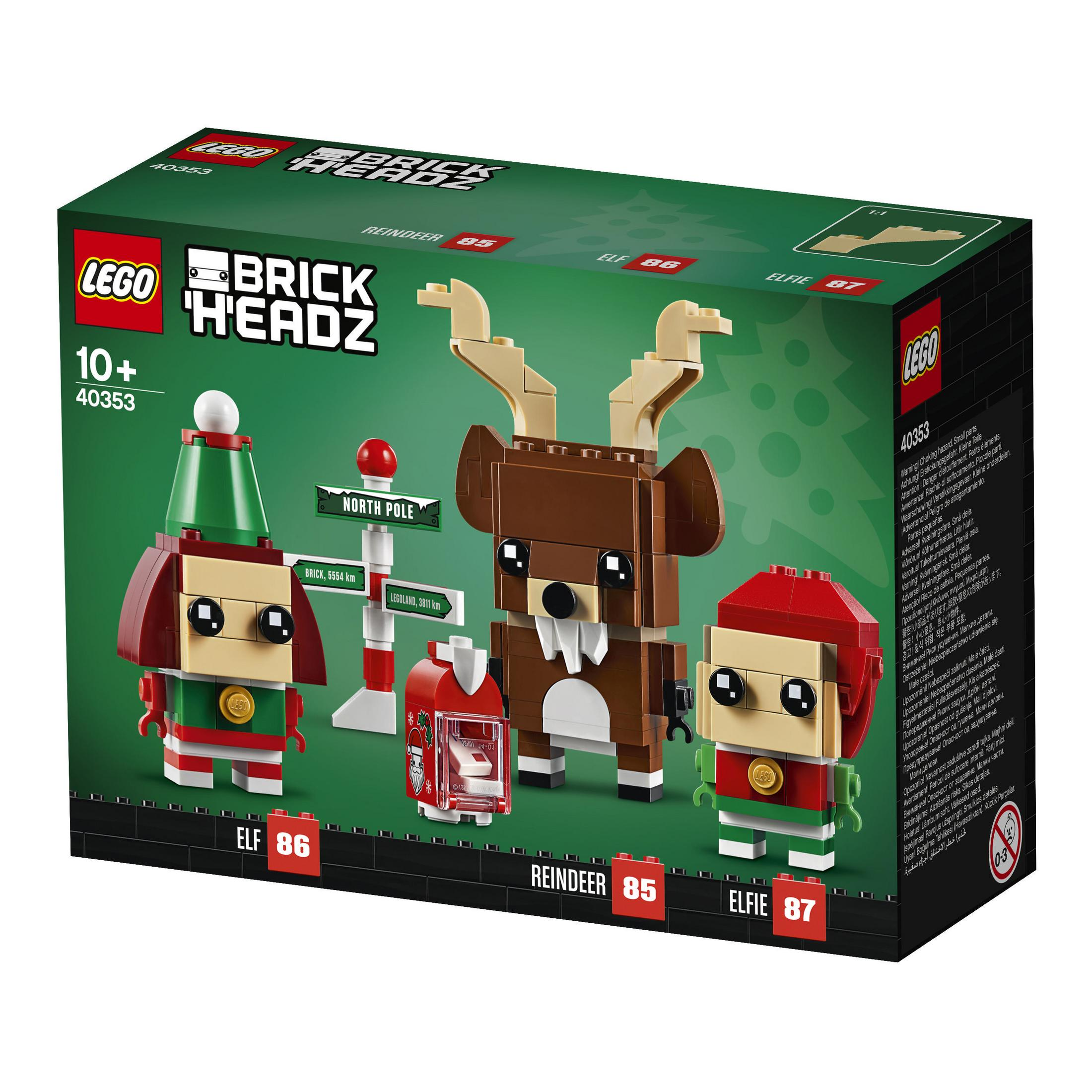 LEGO BrickHeadz Box-Set mit Elfen-, Rentier- und Elfenfiguren, mit rotem Schild.