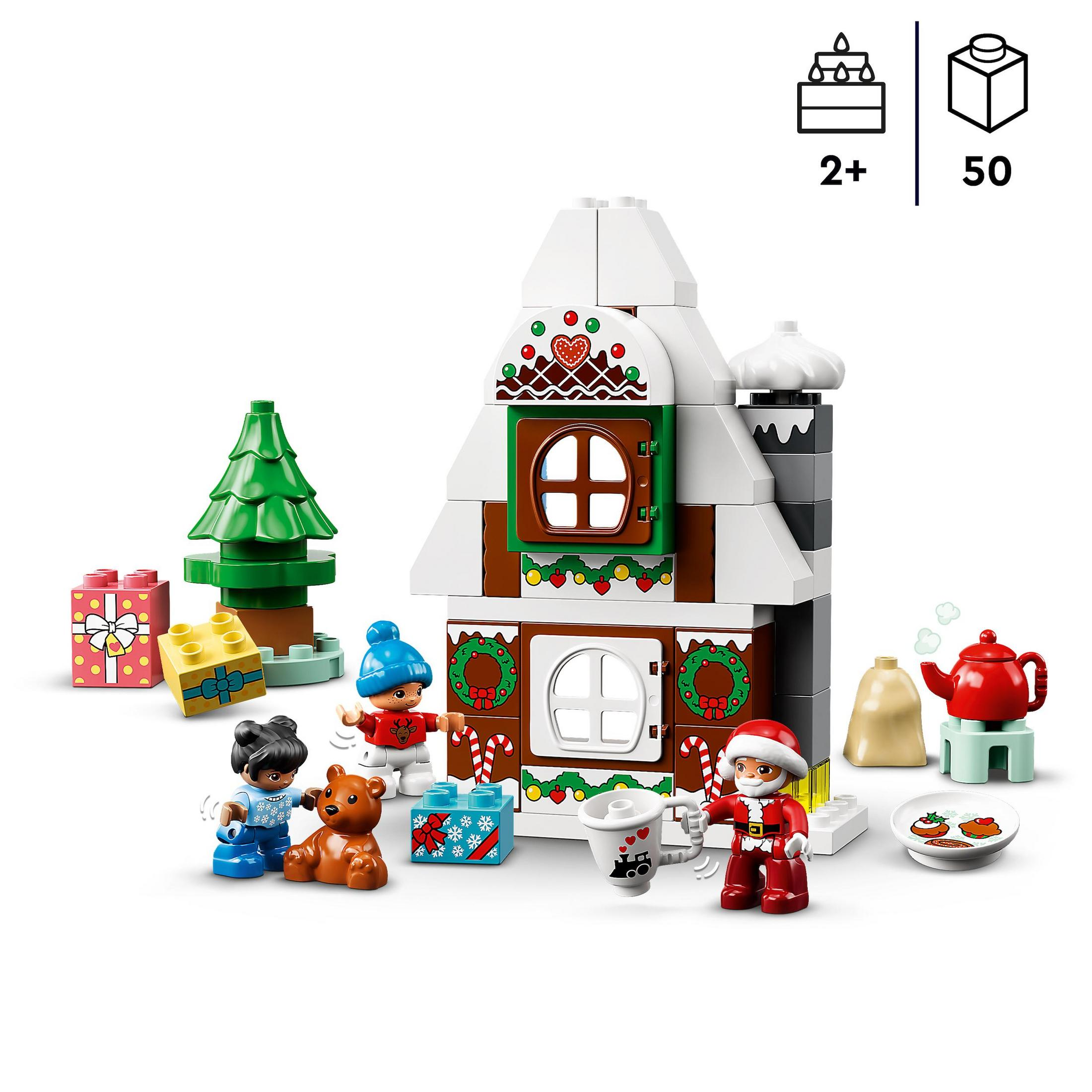 Set de Lego Duplo de Navidad con figuras, una casa y elementos navideños.