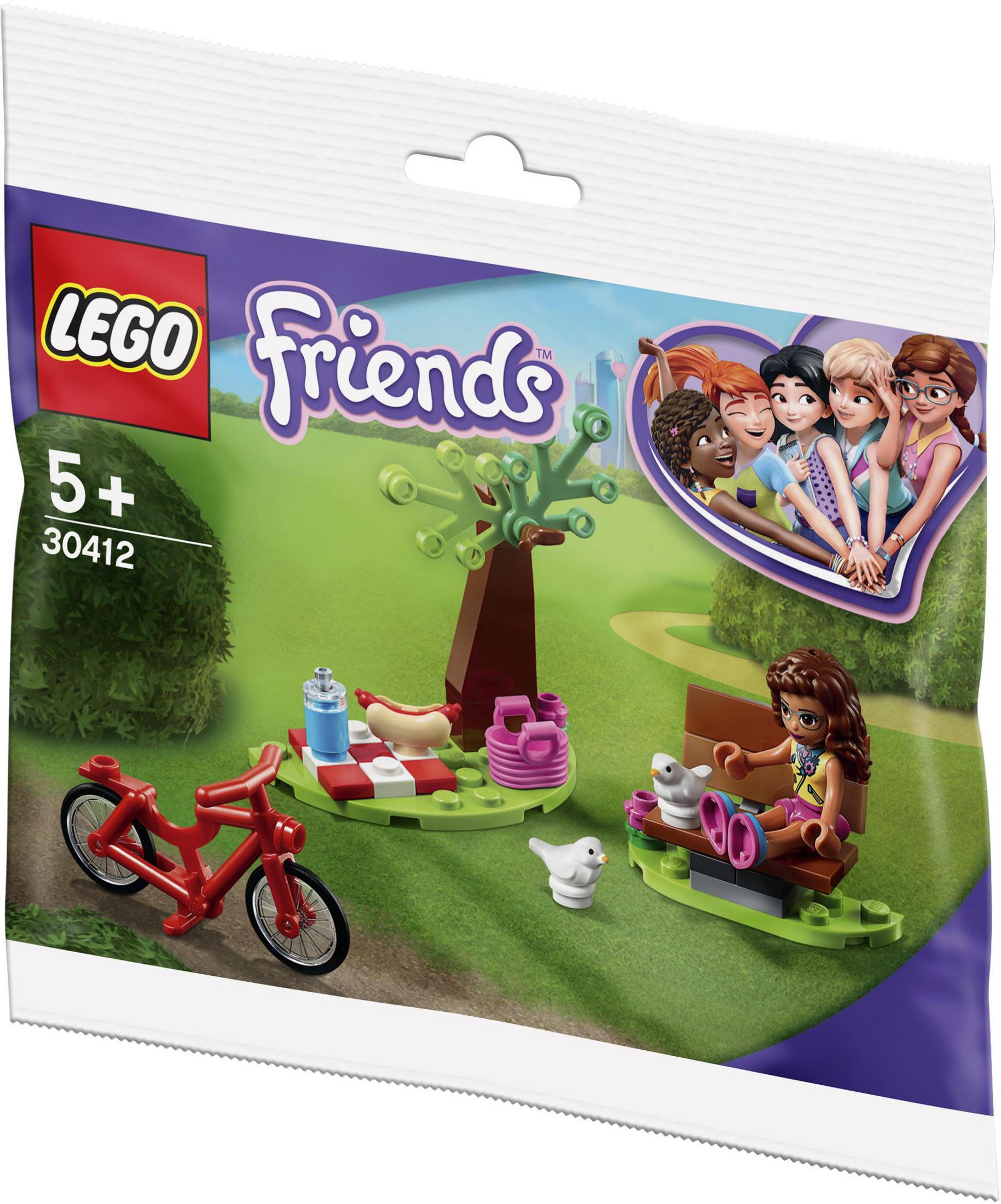Ein Lego Friends Set mit einer Parkszene, Fahrrad und Freunden.