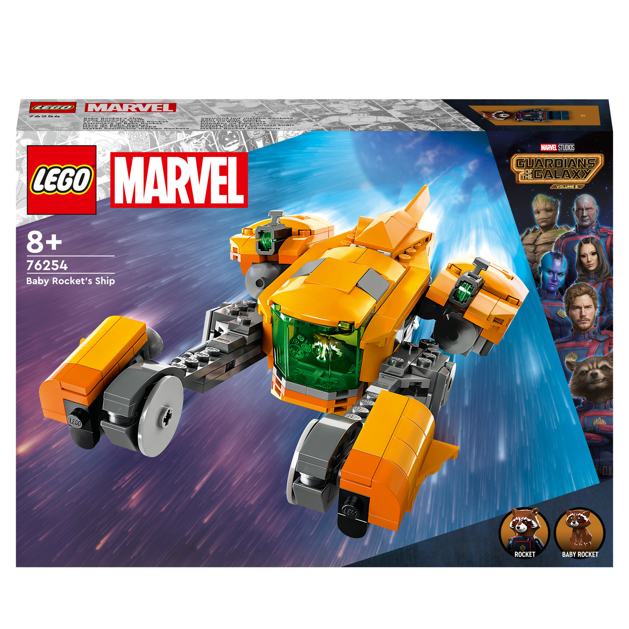 Lego Marvel set van Baby Rocket's schip, dooskunst met karakters, oranje en grijs schip.