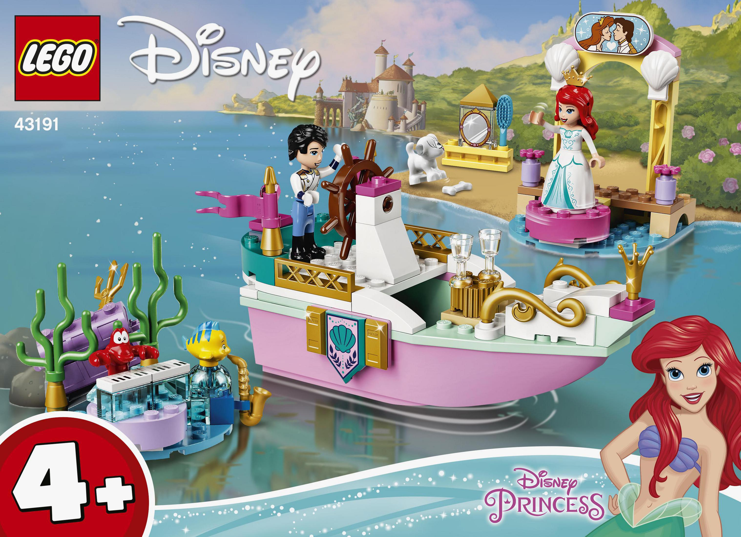 Lego Disney Prenses seti. Ariel ve Prens Eric ile tekne ve Yengeç Sebastian. Arka plan su ve kale.