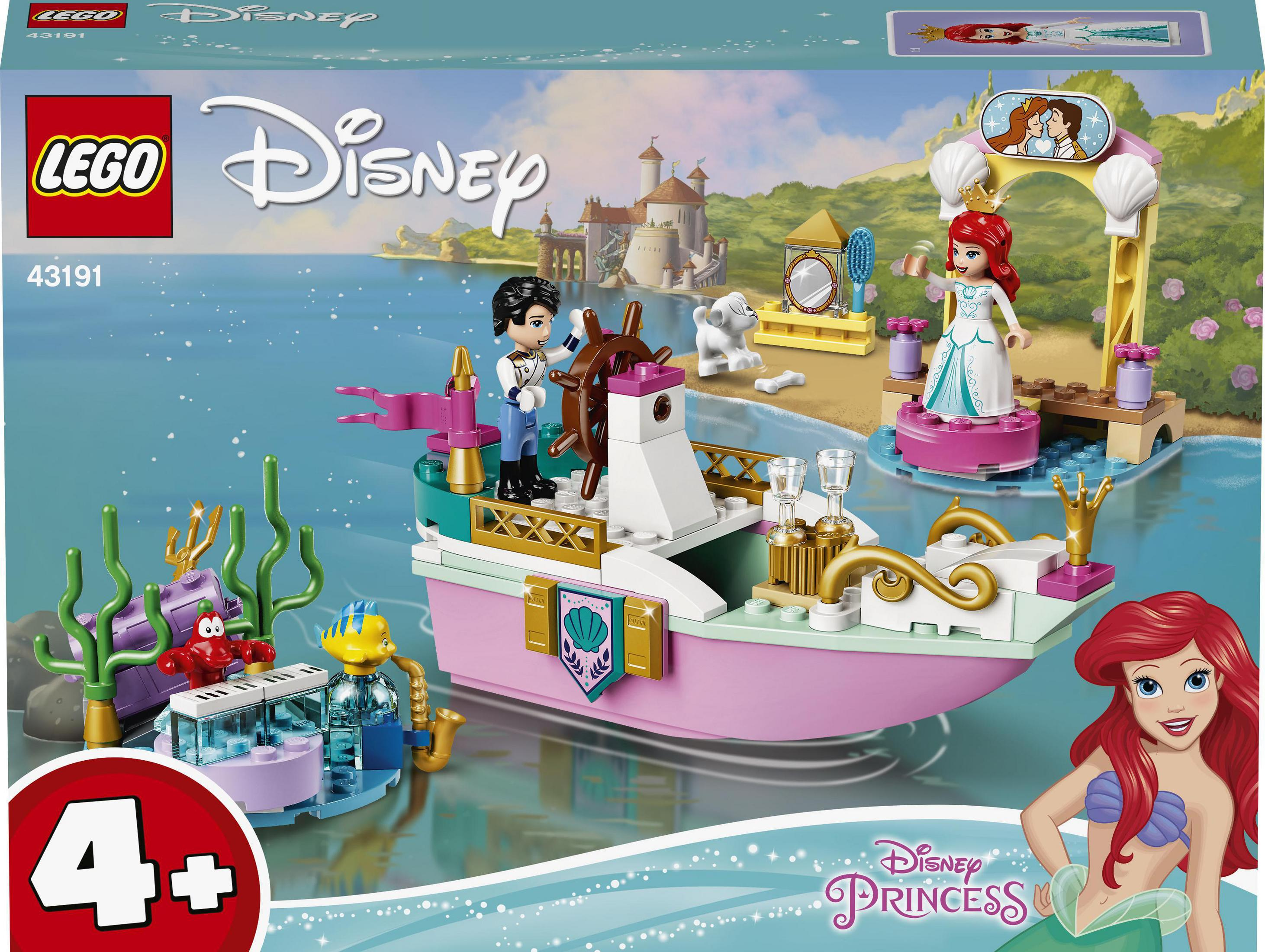 Bir Lego Disney Prenses seti, bir tekne, figürler ve bir sahil ortamı ile.