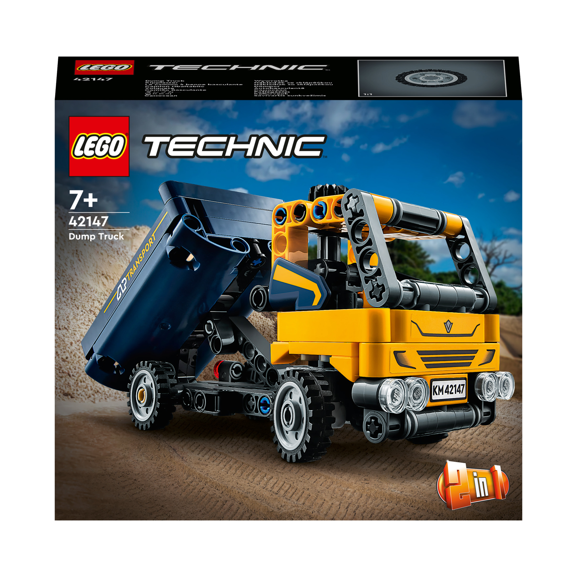 Caja de Lego Technic de camión volquete. Camión amarillo con caja de carga azul. Edad 7+.
