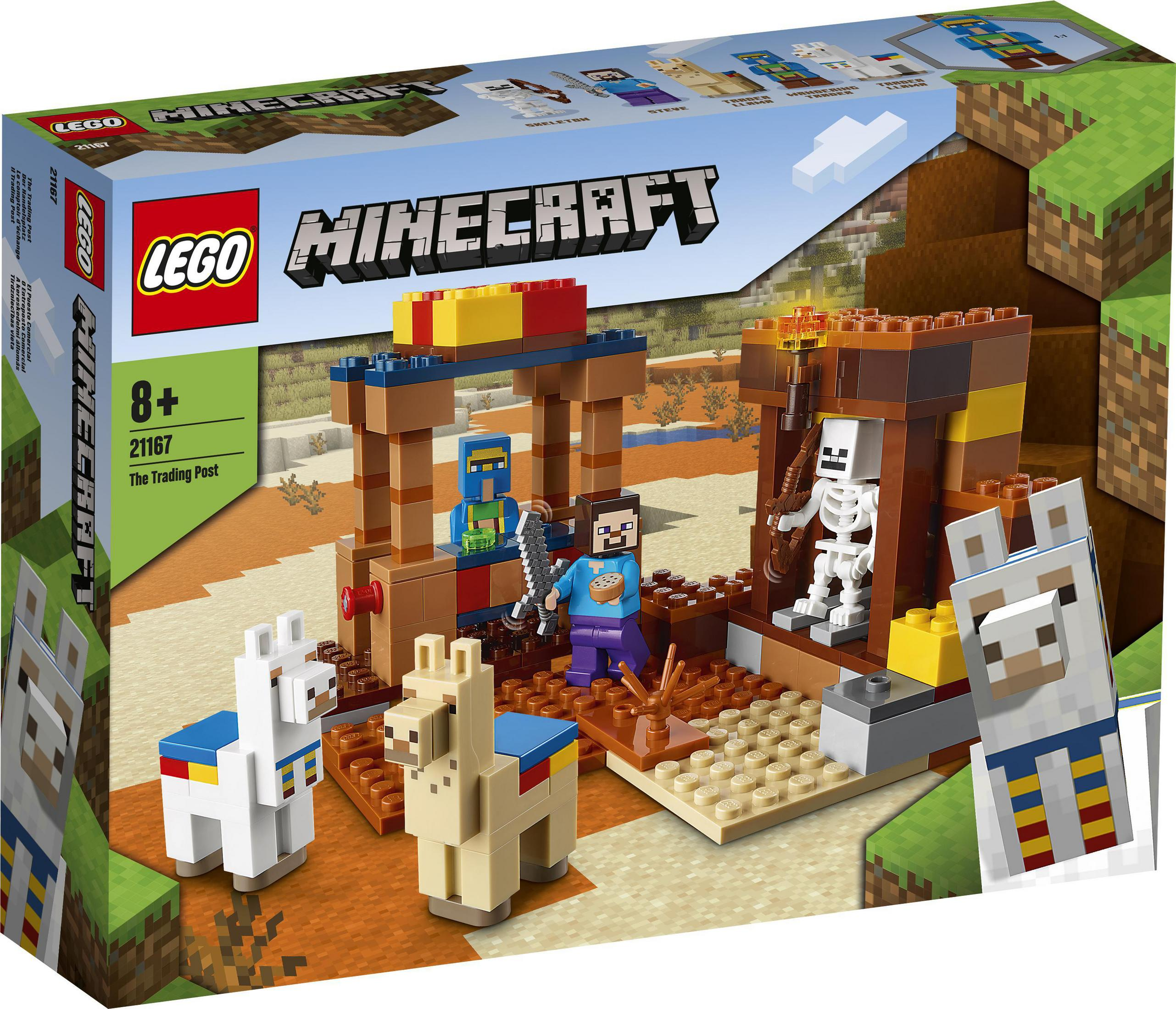 Lego Minecraft seti. Ticaret Merkezi. Karakterler, lamalar ve bir bina içerir. Kutu sanatı görüntüsü.