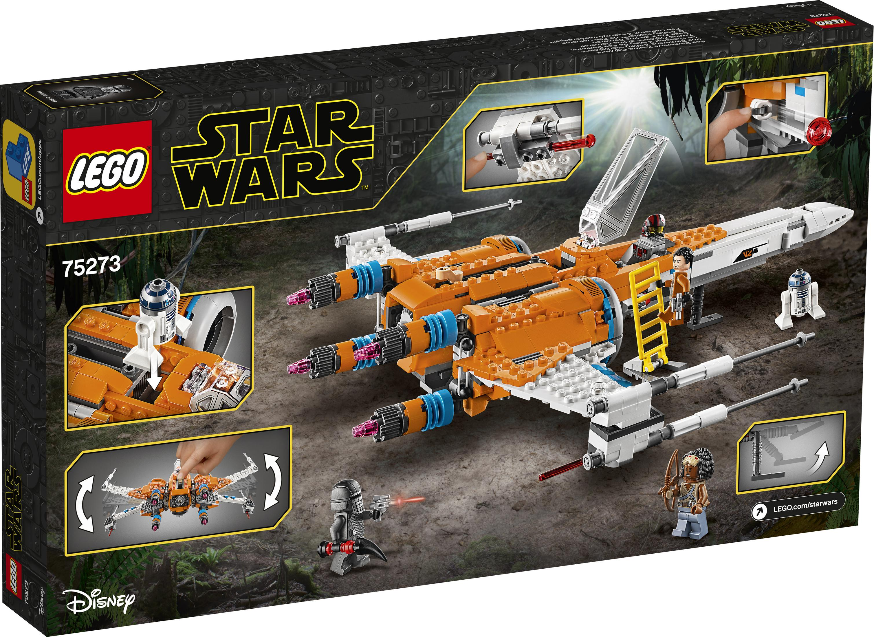 Pudełko Lego Star Wars przedstawiające pomarańczowo-biały model myśliwca z figurkami.