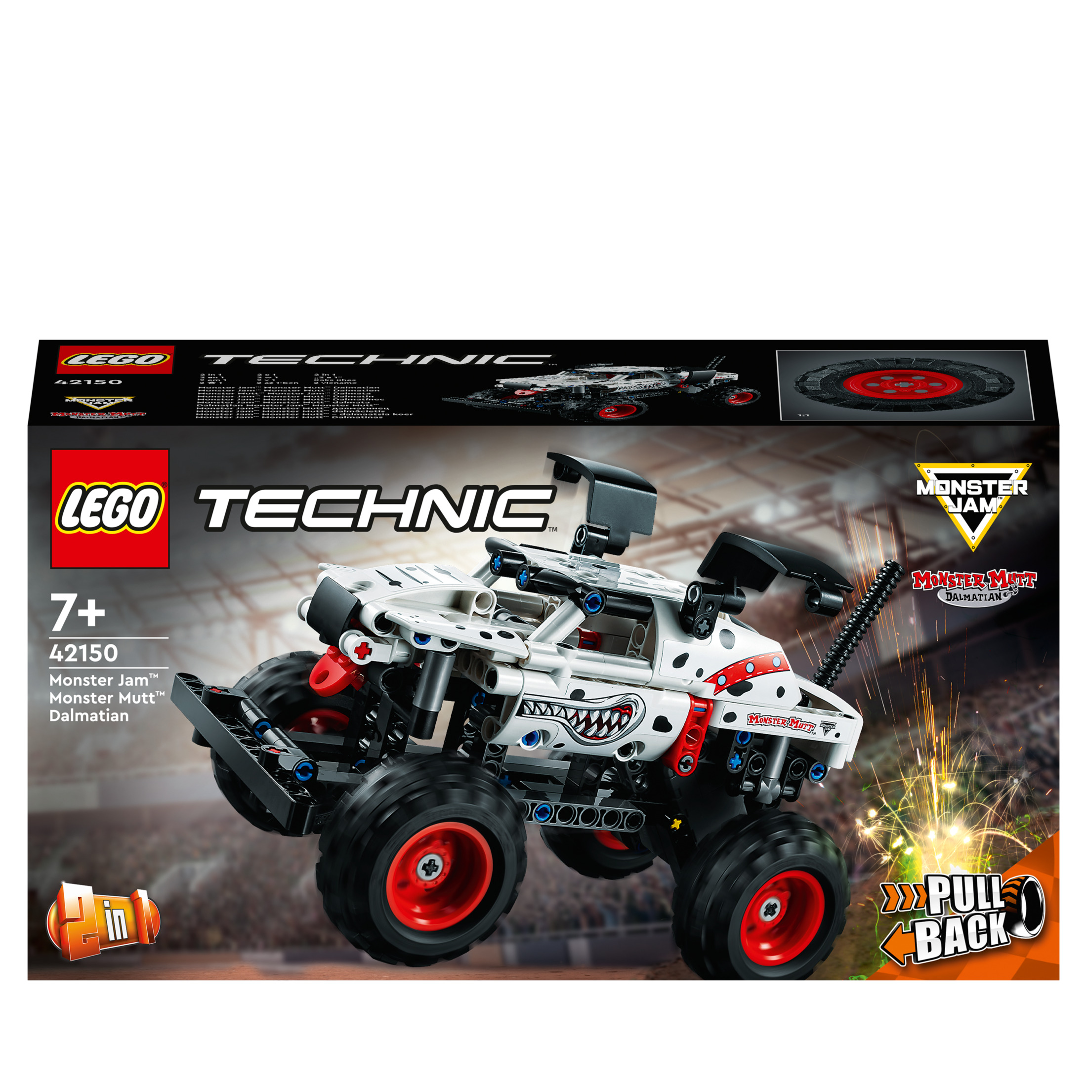 Lego Technic Monster Jam Dalmatiner Truck Box, rot und weiß, mit großen Rädern.