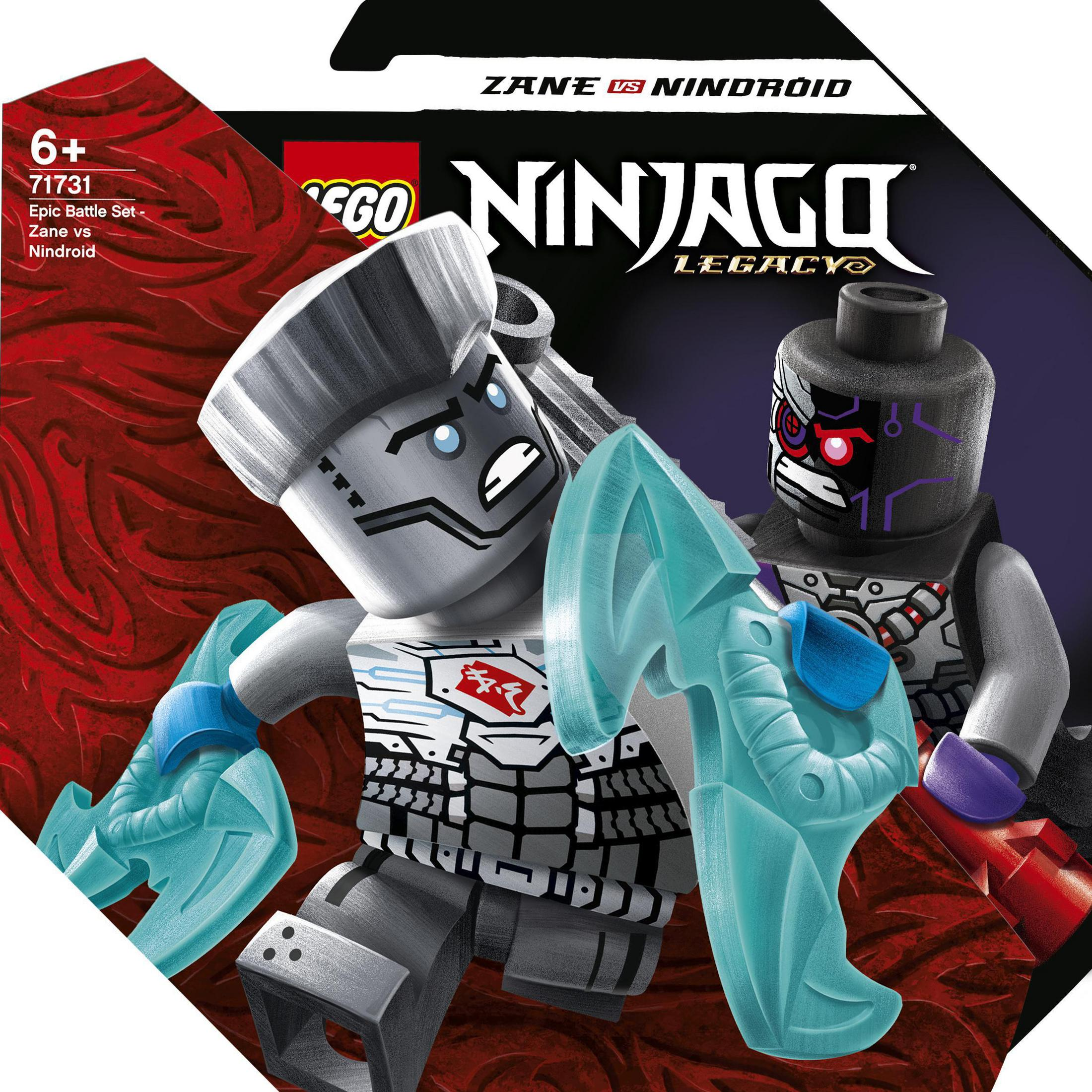 Scatola del set LEGO Ninjago, con le minifigure di Zane e Nindroid in una scena di battaglia dinamica.