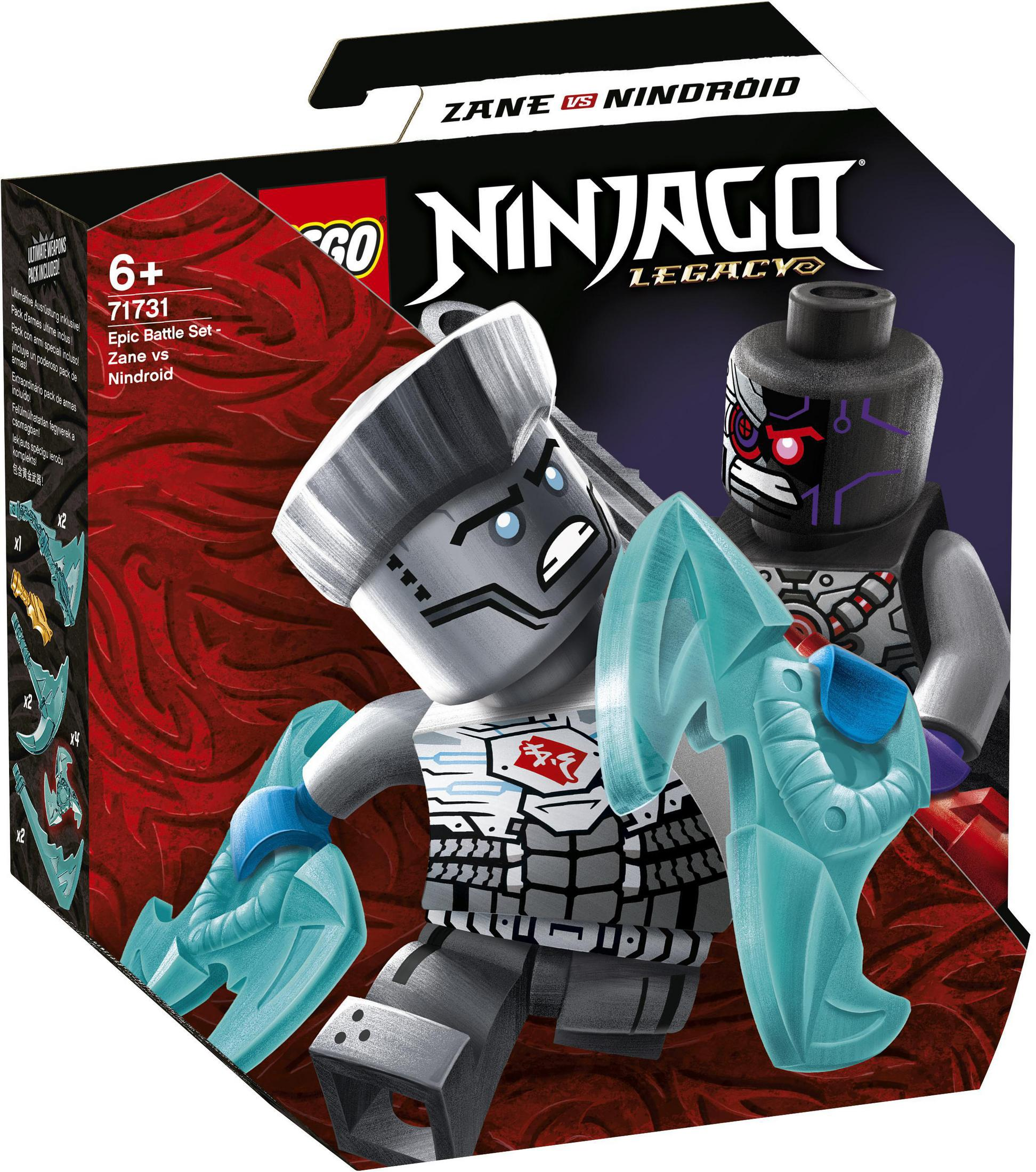 Scatola del set Lego Ninjago con due personaggi in una scena di battaglia. Zane contro Nindroid. Colori scuri e chiari.