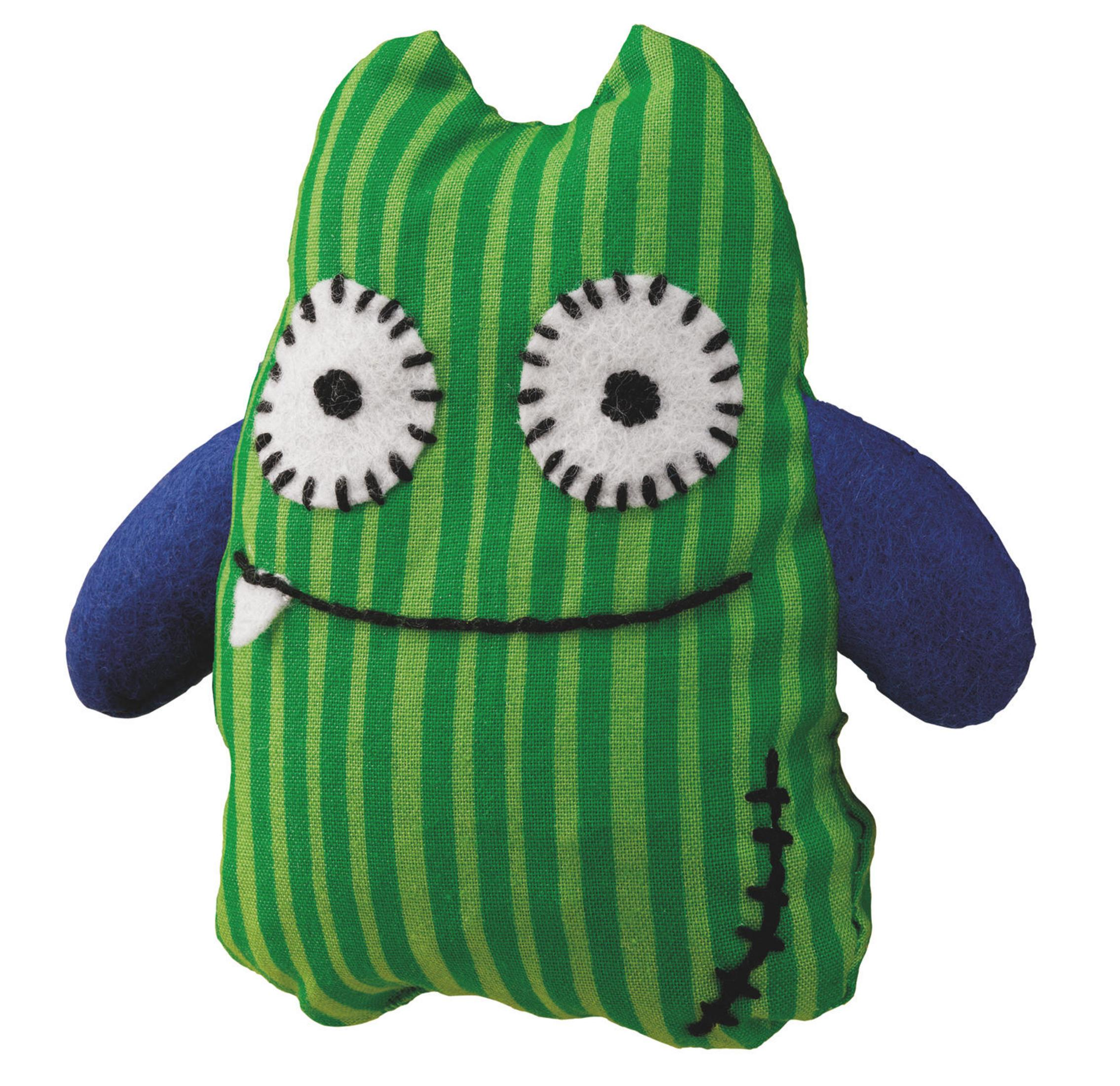Ein grünes und blau gestreiftes Monster-Plüschtier mit weißen Augen und einem schwarzen Lächeln.