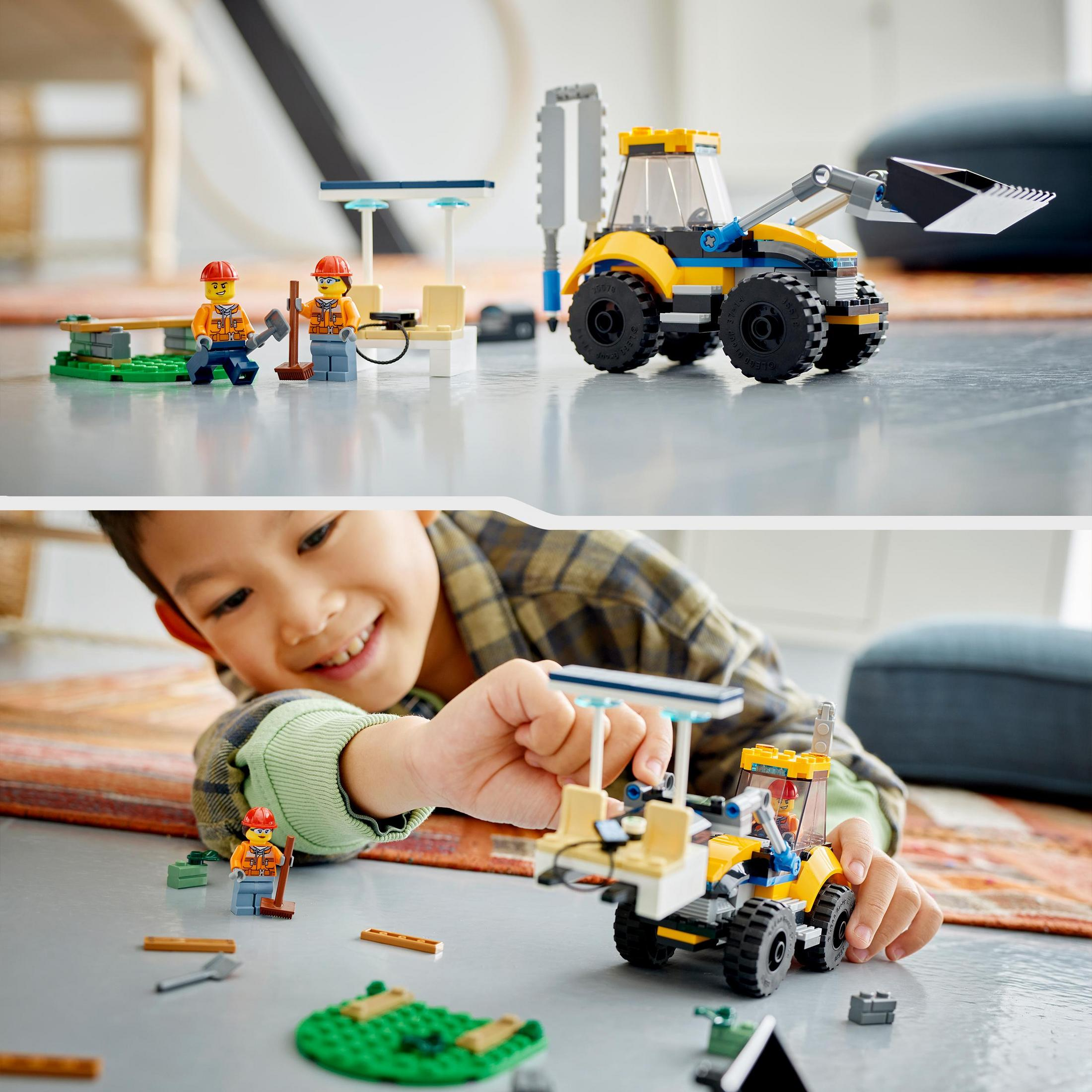 Ein Lego City Set zeigt eine Baustelle mit einem Bulldozer und zwei Arbeitern. Das Set zeigt ein Kind beim Spielen.