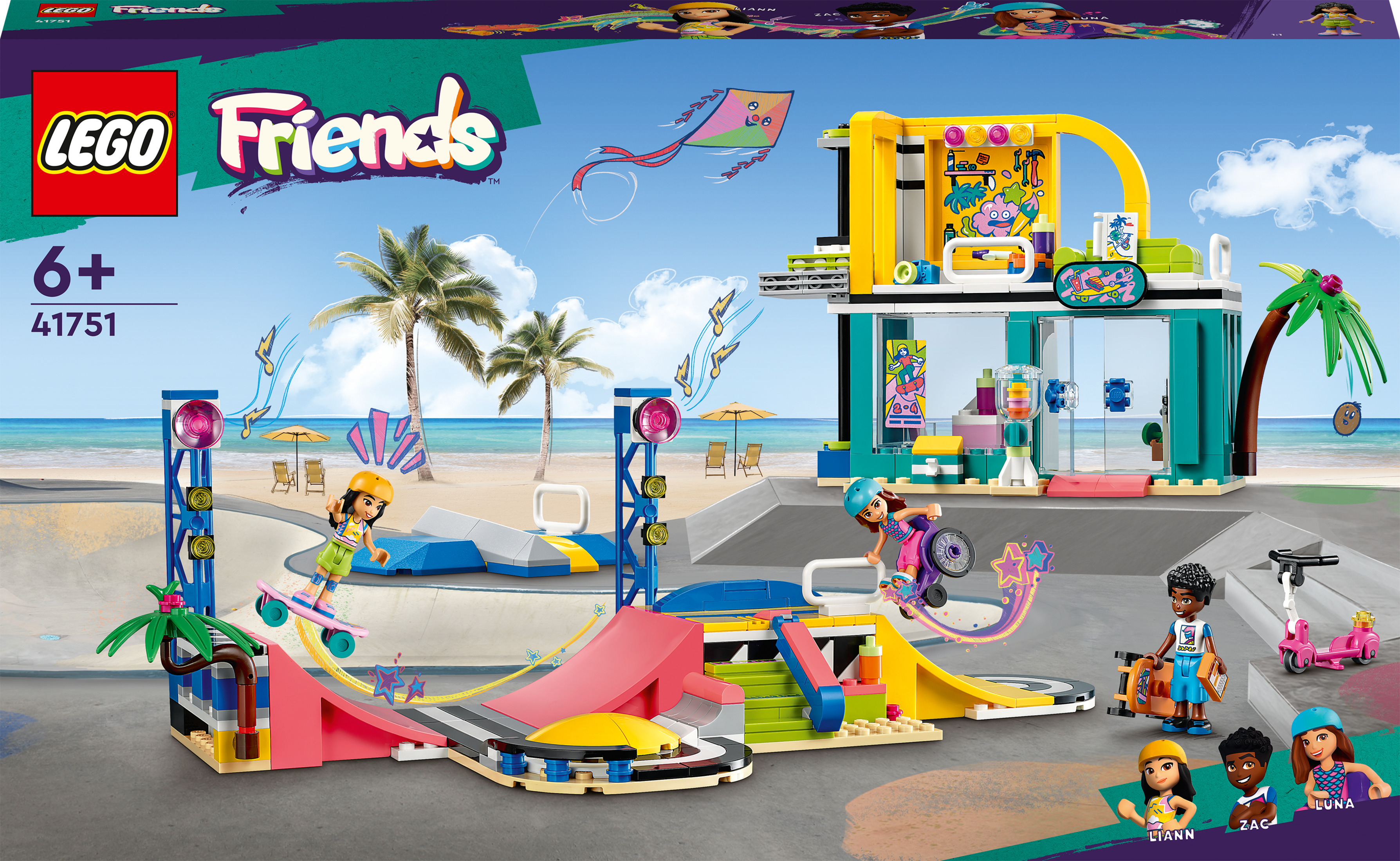 Lego Friends setdoos. Toont een skatepark scène met figuren, hellingen en een gebouw.
