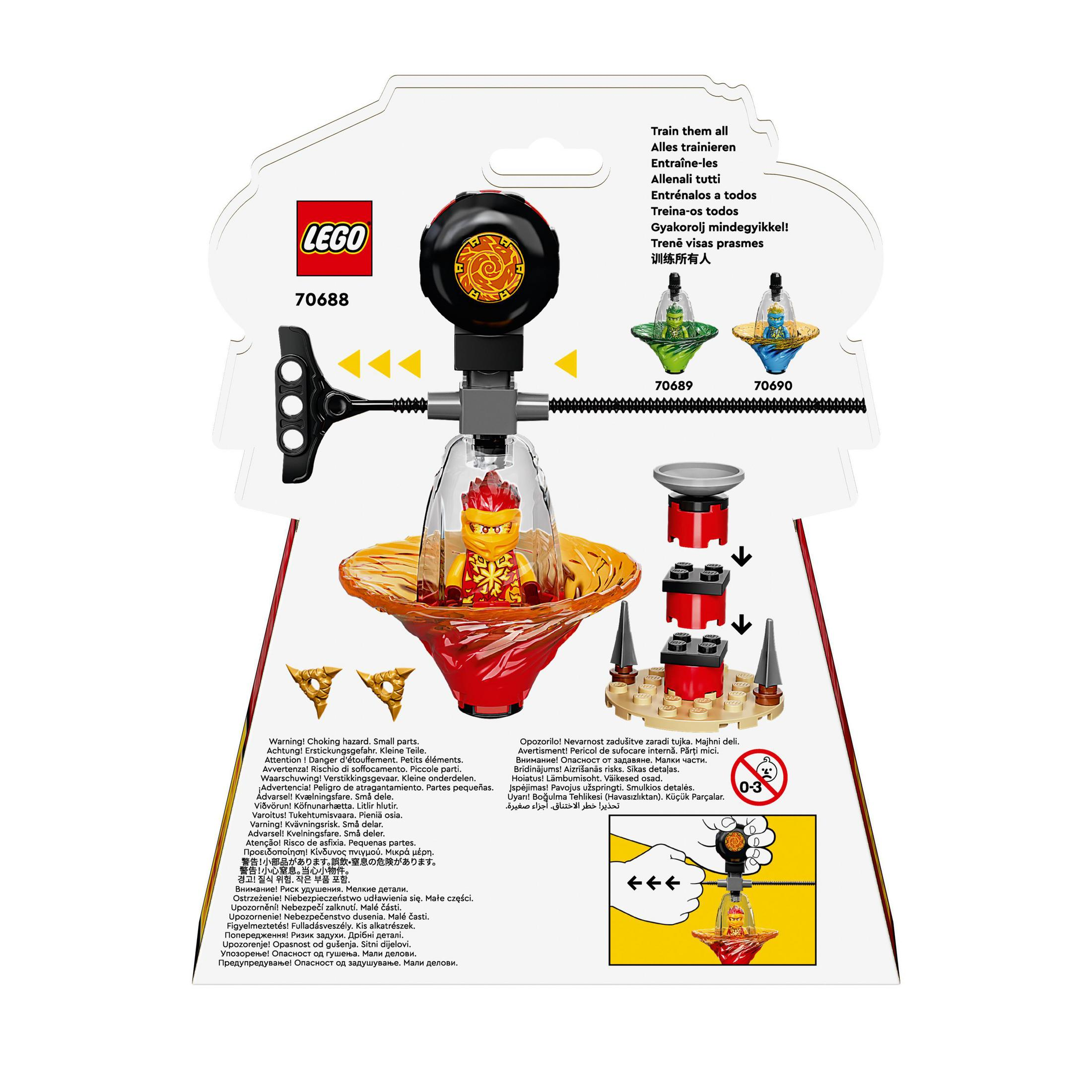 Emballage du set Lego montrant une toupie avec des instructions et de petites pièces Lego, sur fond blanc.