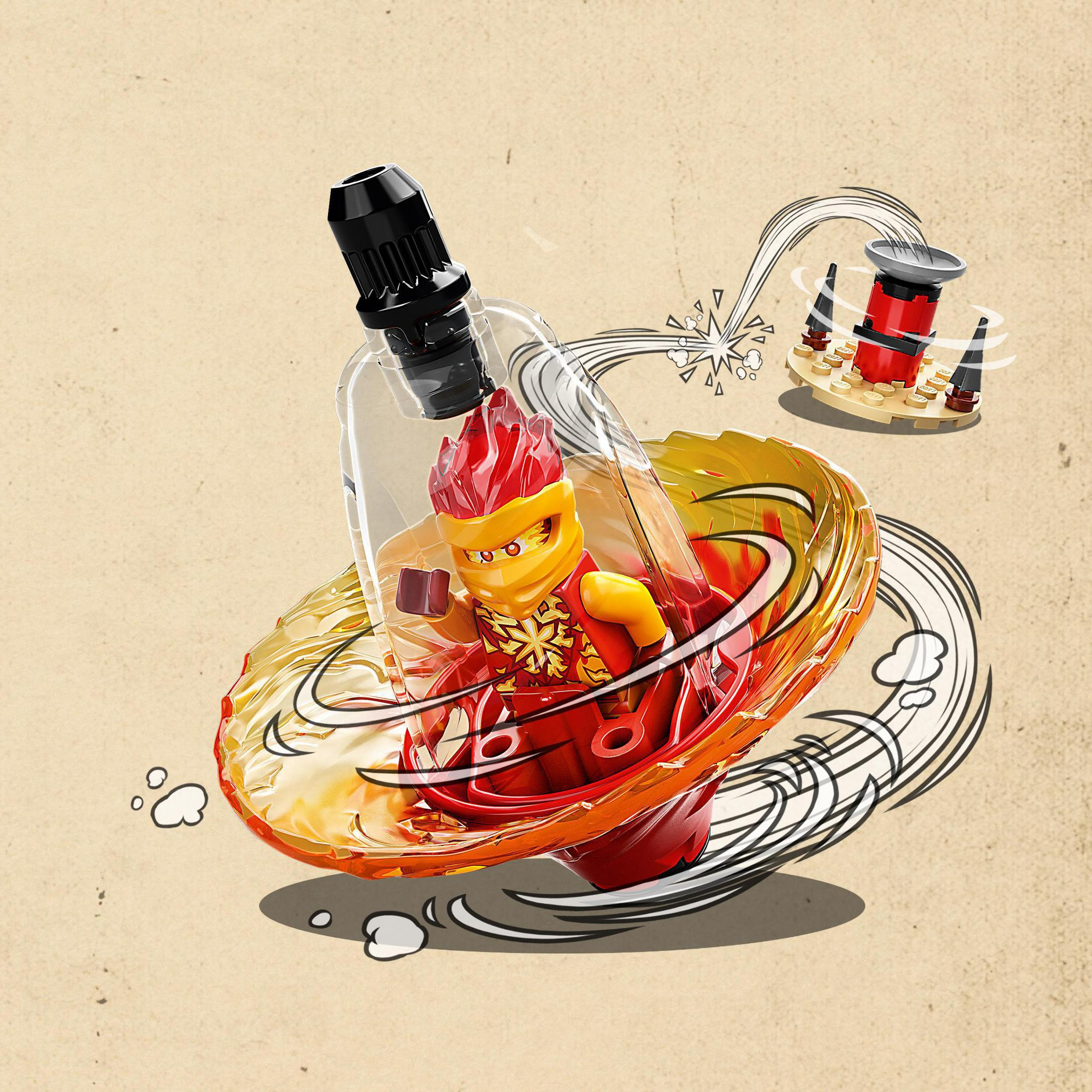 Une figurine Lego Ninjago tournant à l'intérieur d'un conteneur transparent, avec une seconde toupie.