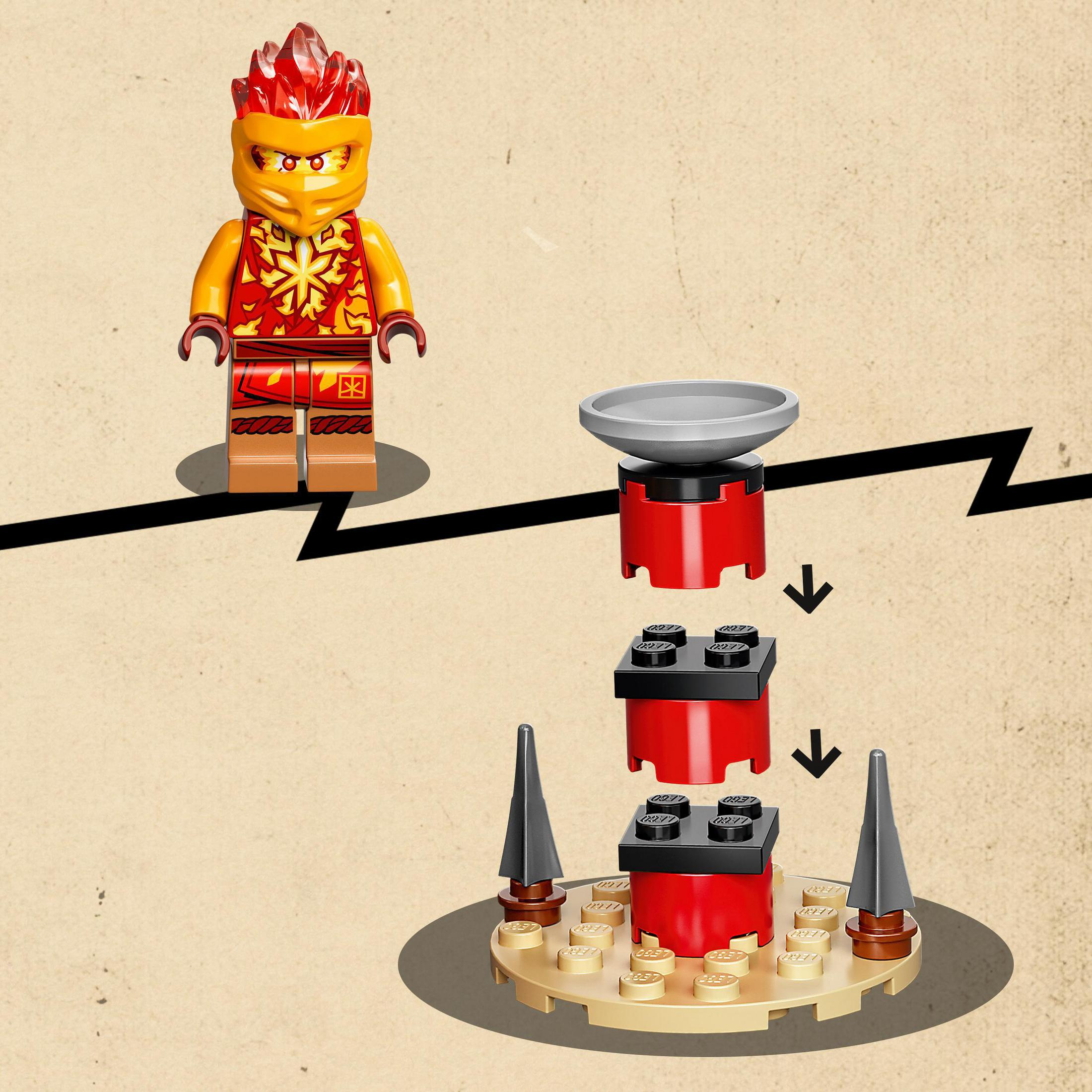 Figurine Lego Ninjago et étapes de construction. Briques rouges et noires avec base dorée.