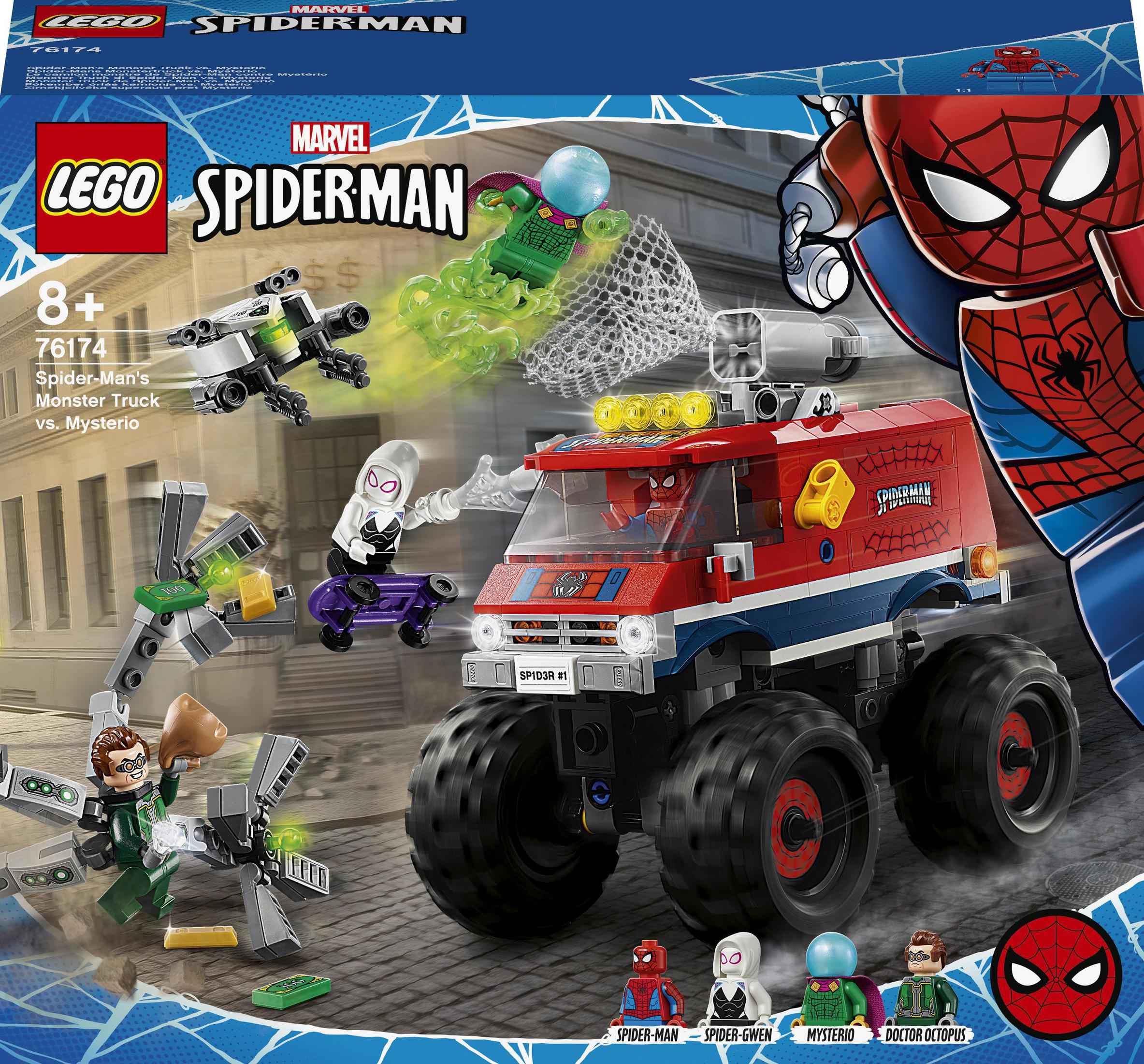 Lego-Set mit Spider-Man-Figuren und einem Monstertruck. Mysterio greift an. Die Box ist blau.