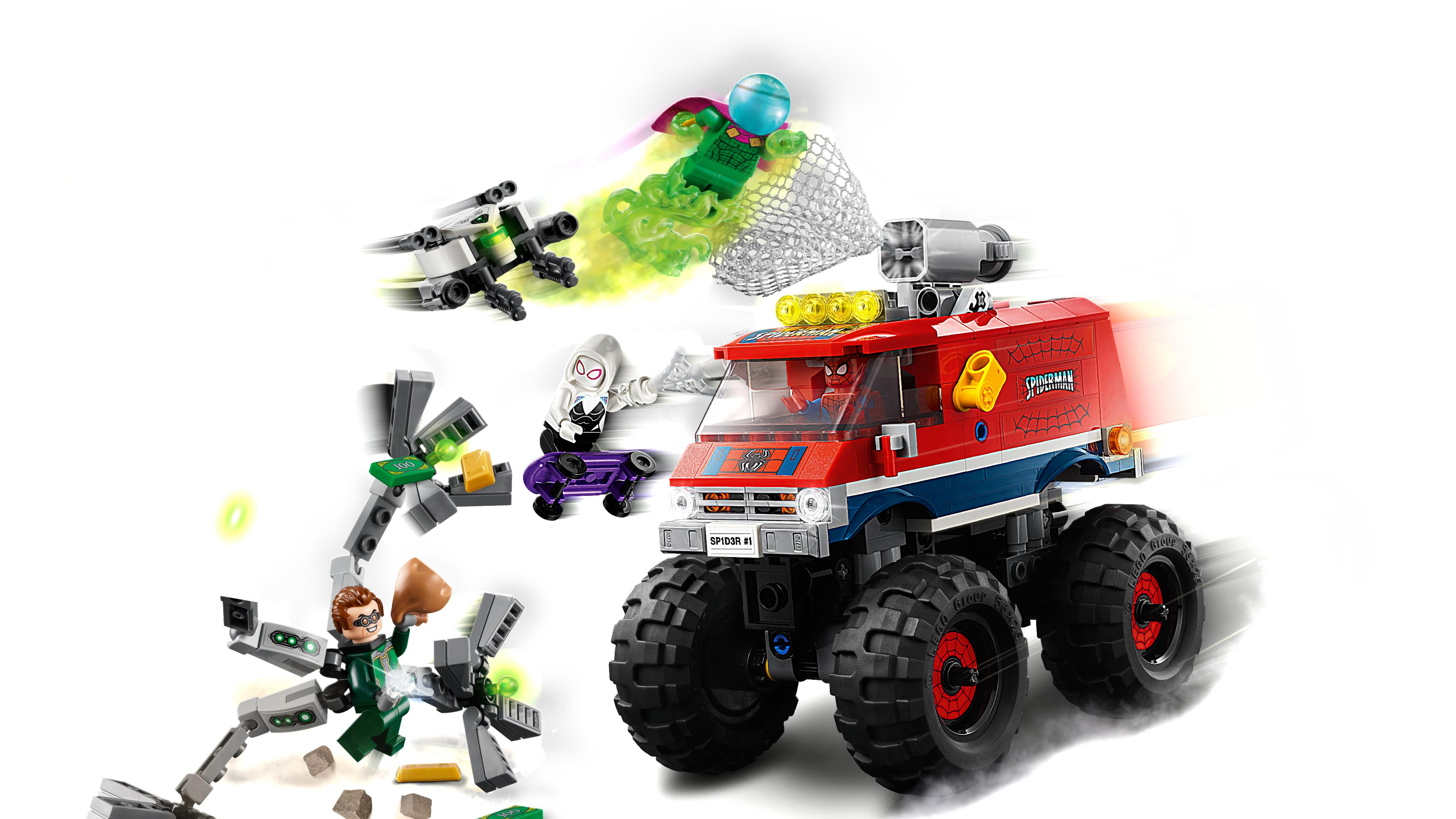 Lego Spider-Man-Set. Spider-Man-Truck, zwei Schurken und Spider-Gwen. Grüner und weißer Hintergrund.
