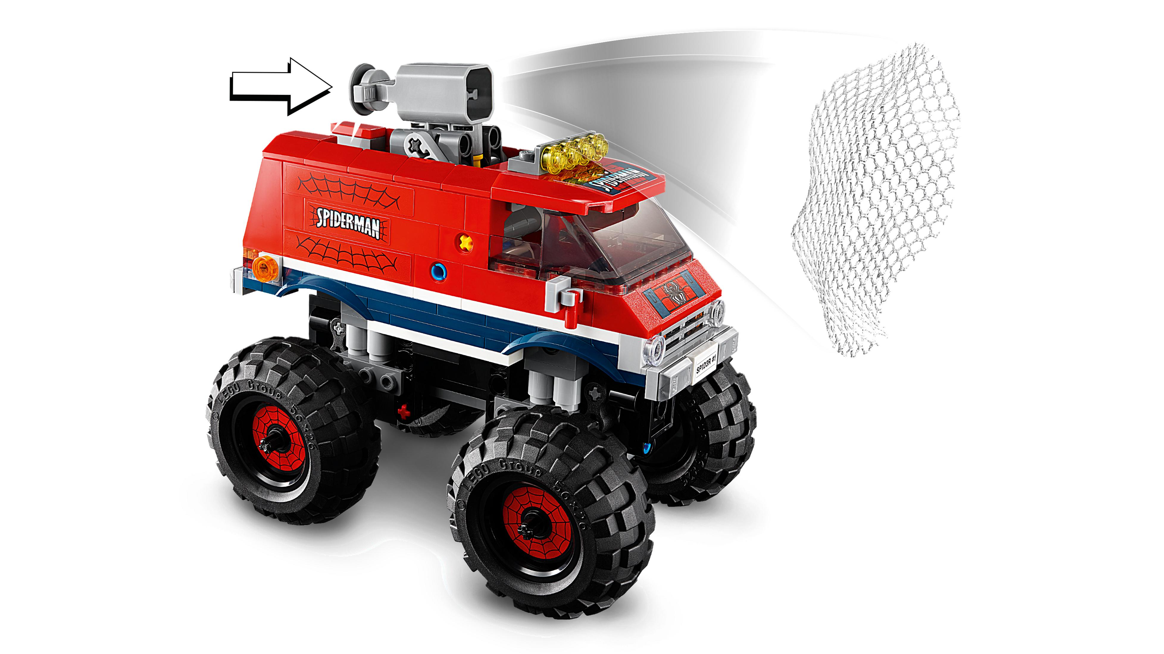 Roter, weißer und blauer Spider-Man-Truck mit großen Rädern und einem Netz. Schwarze Reifen.
