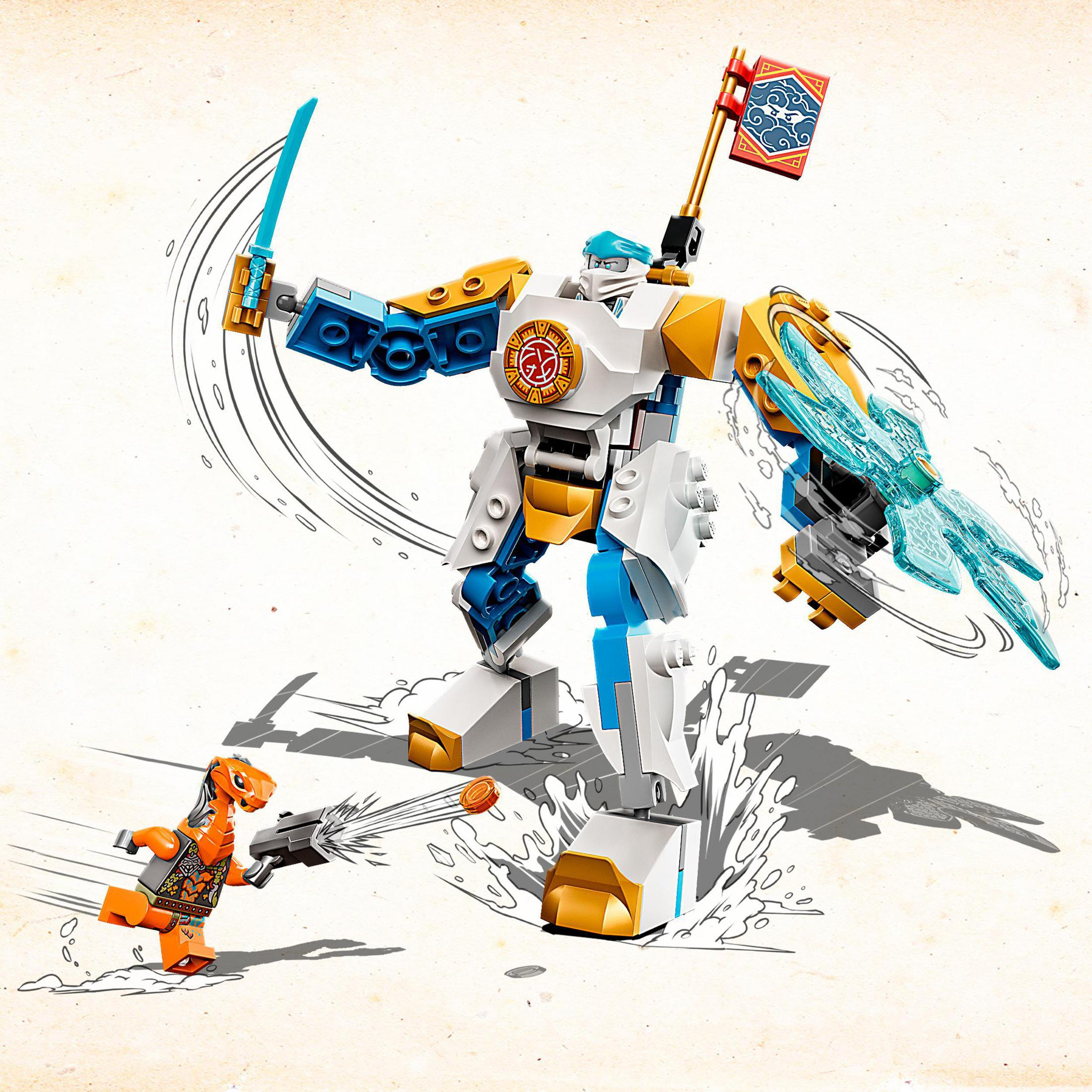 Giocattolo mech Lego Ninjago che combatte una piccola figura arancione. Il mech è bianco, oro e blu.