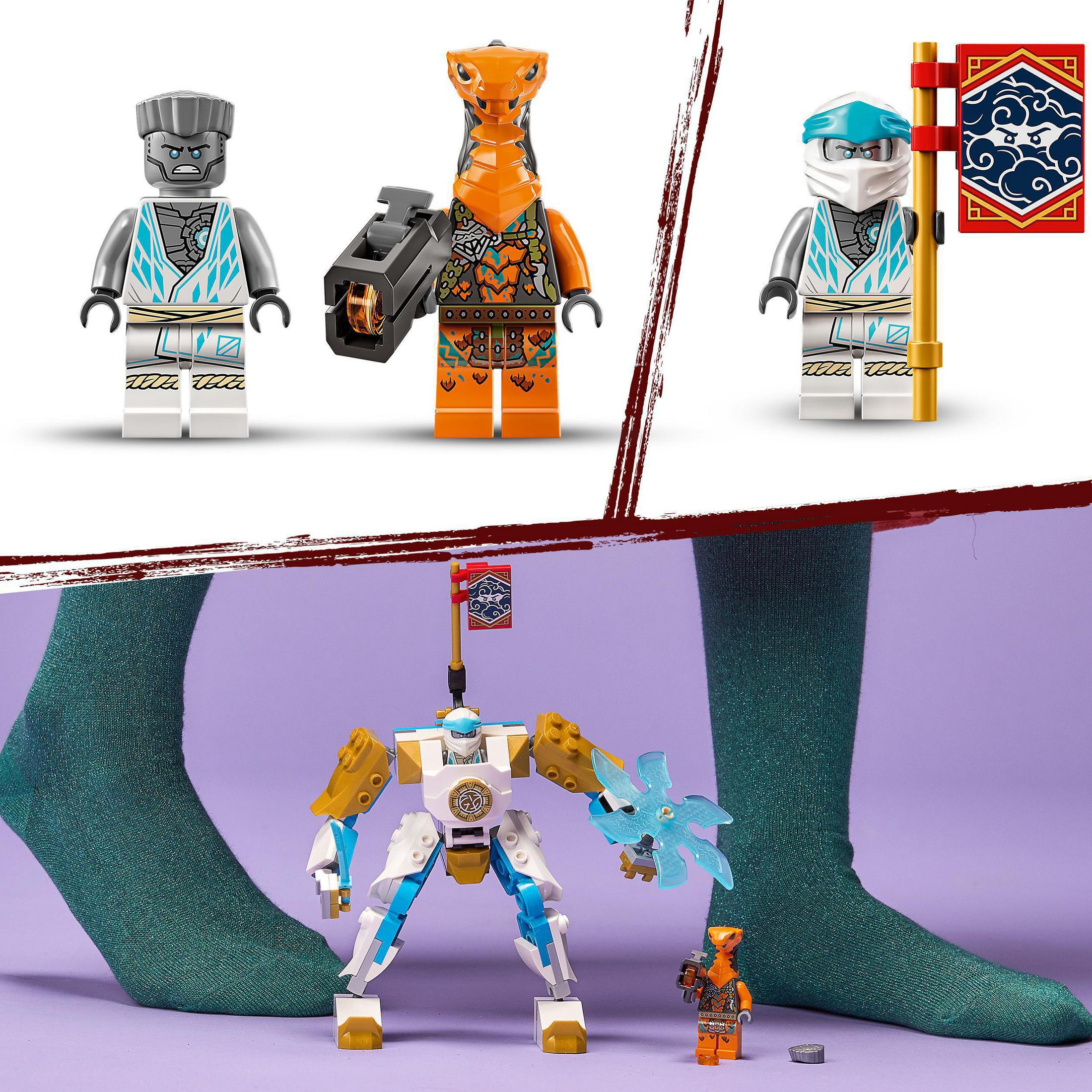 Minifigure LEGO Ninjago e un mech. Tre minifigure in alto, mech e minifigure in basso.