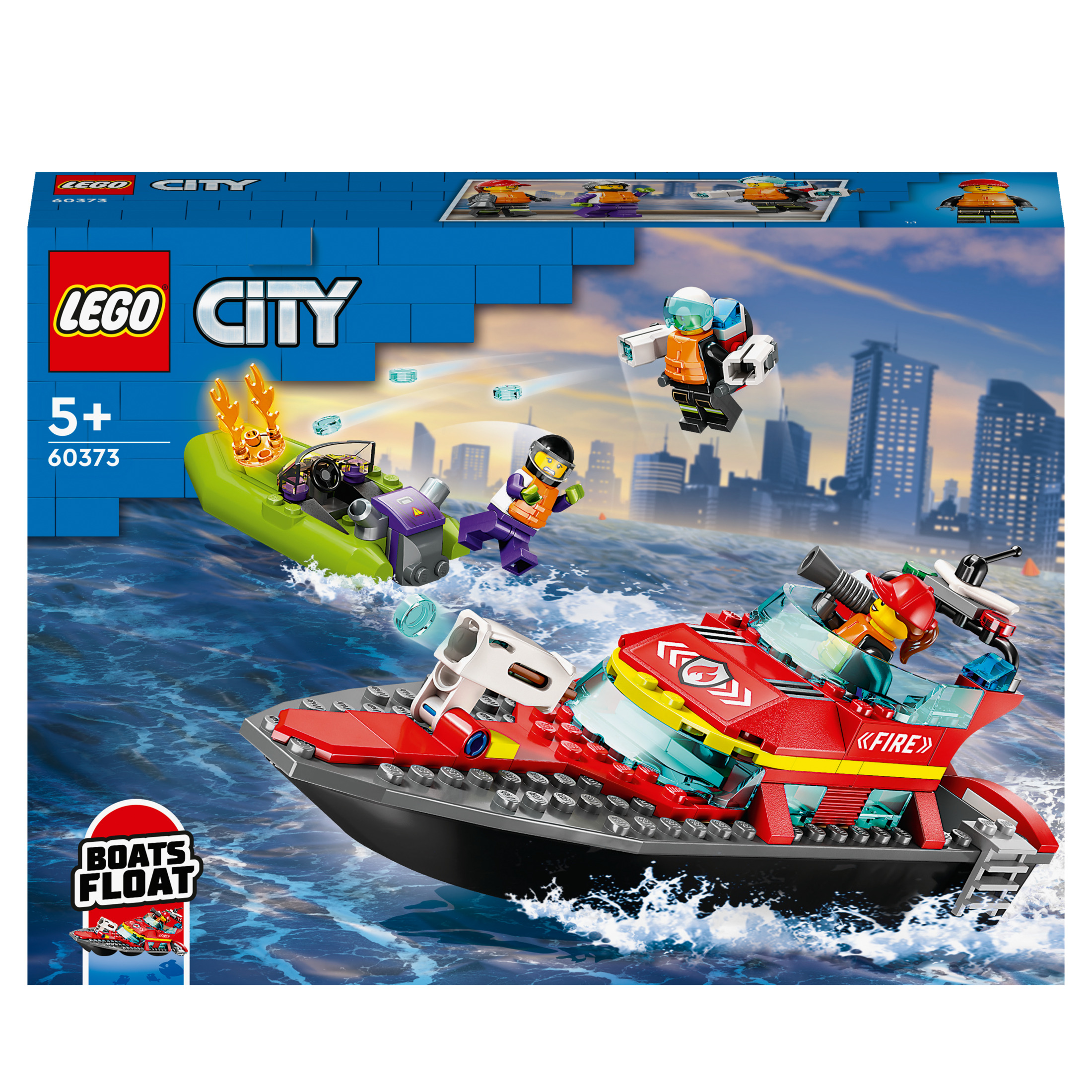 Set Lego City, lancha de rescate de bomberos con minifiguras. Barco verde y figuras en agua con fondo de ciudad.