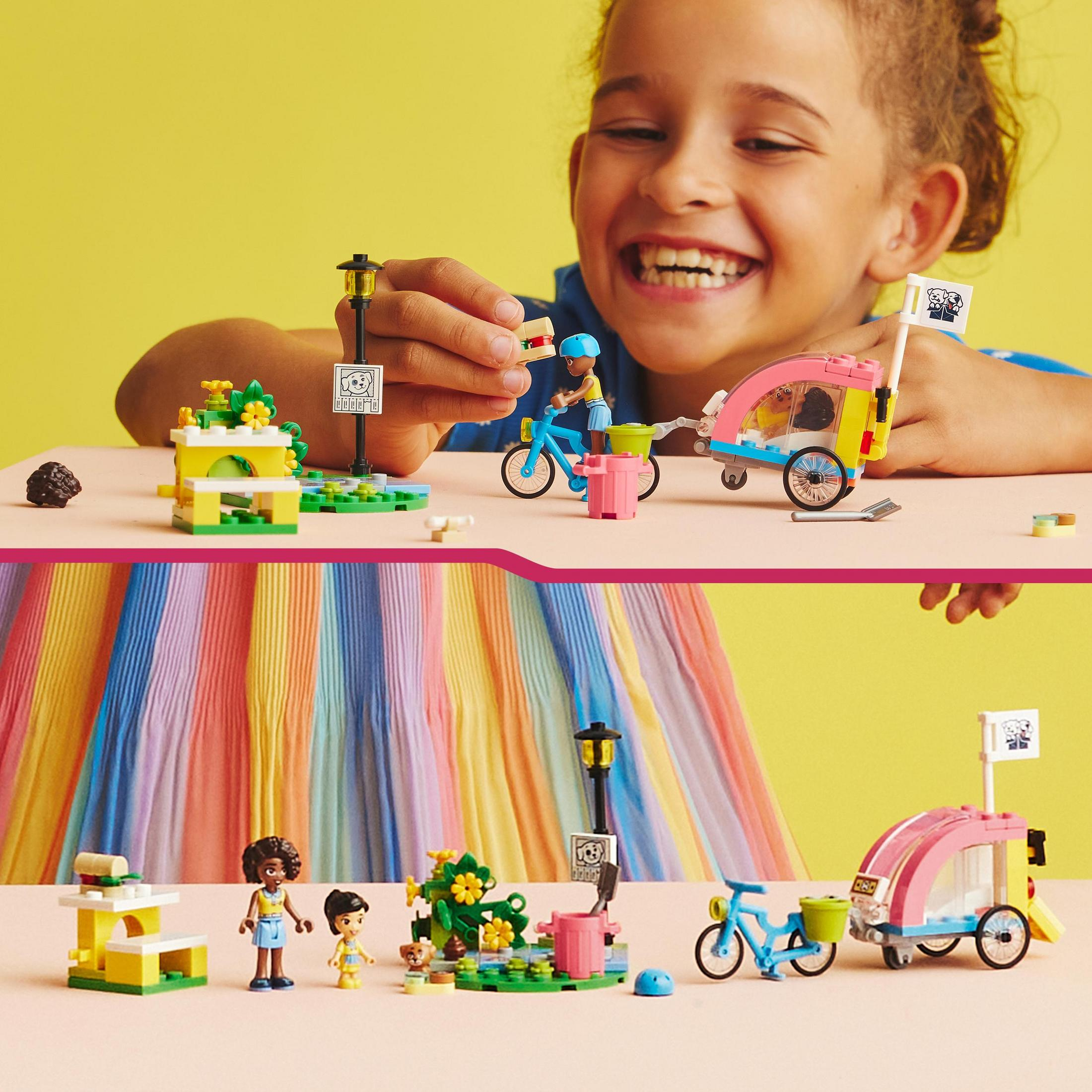 Lego Friends oyuncakları ile oynayan bir çocuk. Bir park sahnesi. Parlak renkler, sarı arka plan.