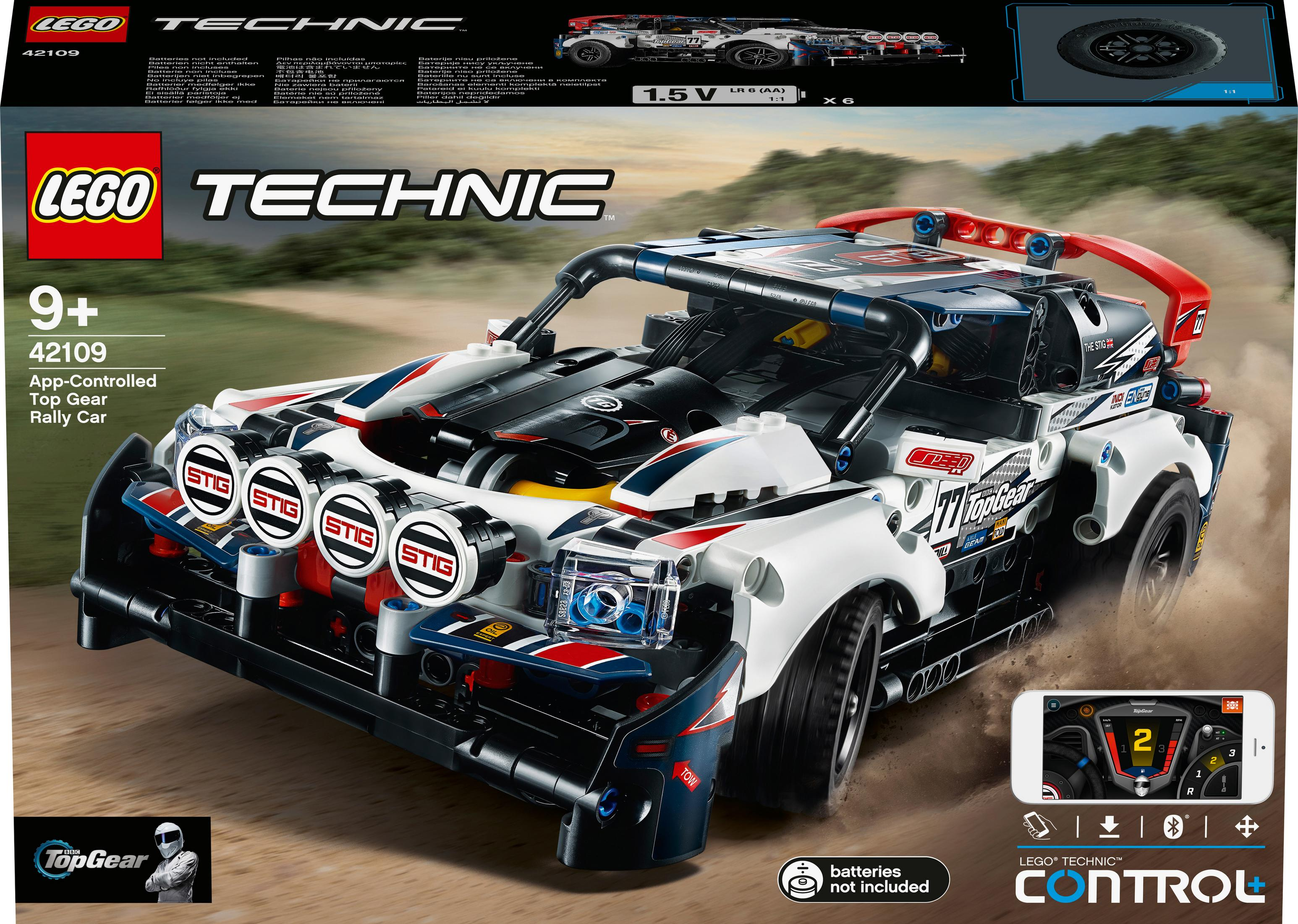 Lego Technic Top Gear Rally Car doos, met een auto afbeelding en besturingsinterface. Wit.