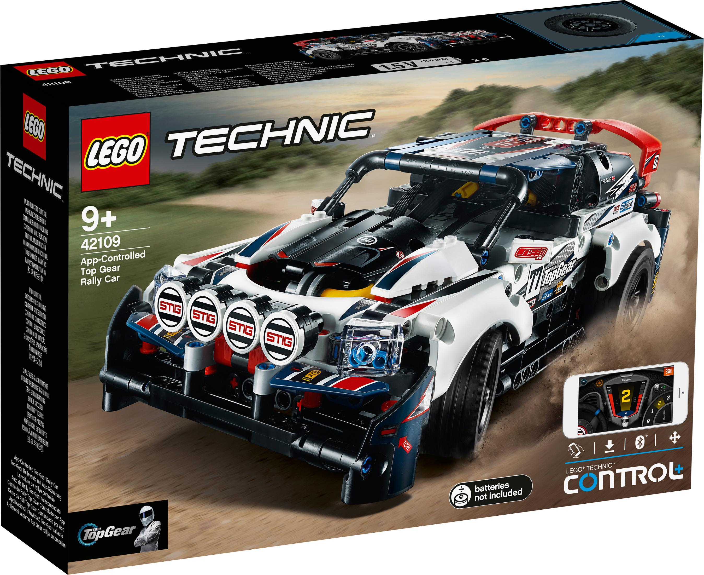 Lego Technic Top Gear Rally Car doos. De doos toont een auto met het Top Gear logo.