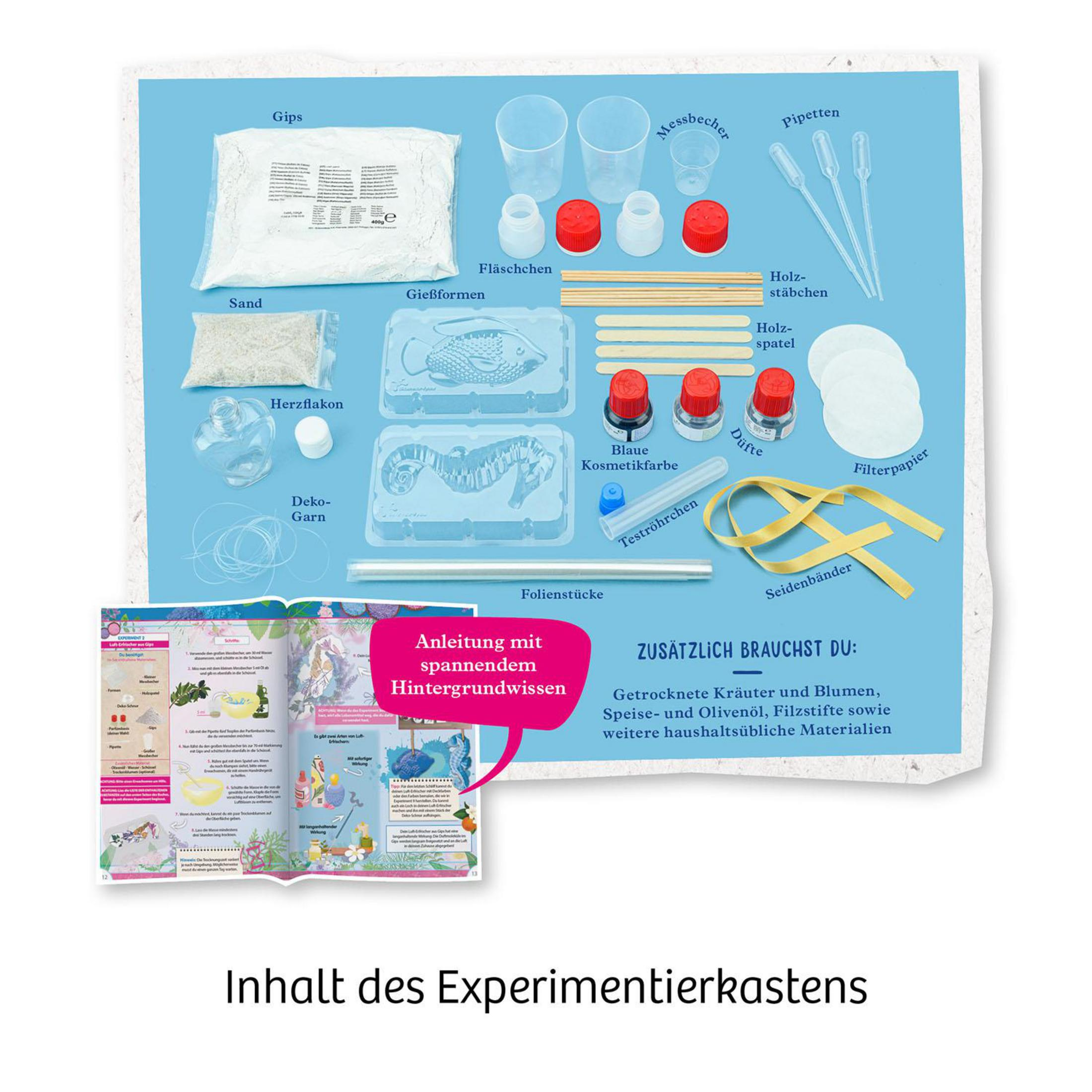 Experimentierkasten: Becher, Pulver, Flüssigkeiten, Anleitung auf blauem Hintergrund.