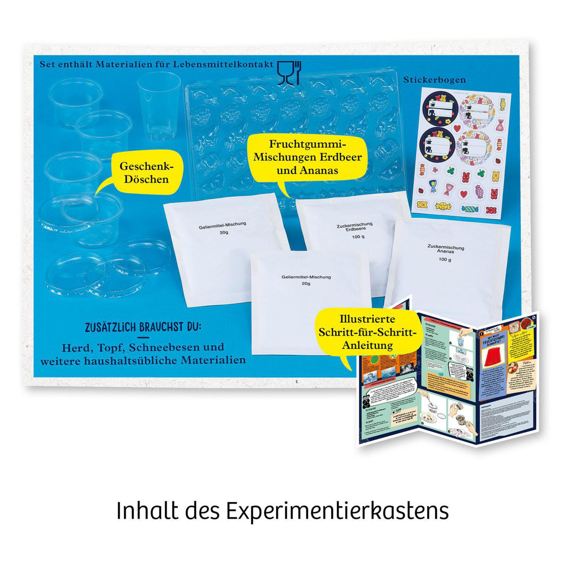 Set mit Plastikbechern, Zutatenbeuteln und Anweisungen zur Süßigkeitenherstellung.